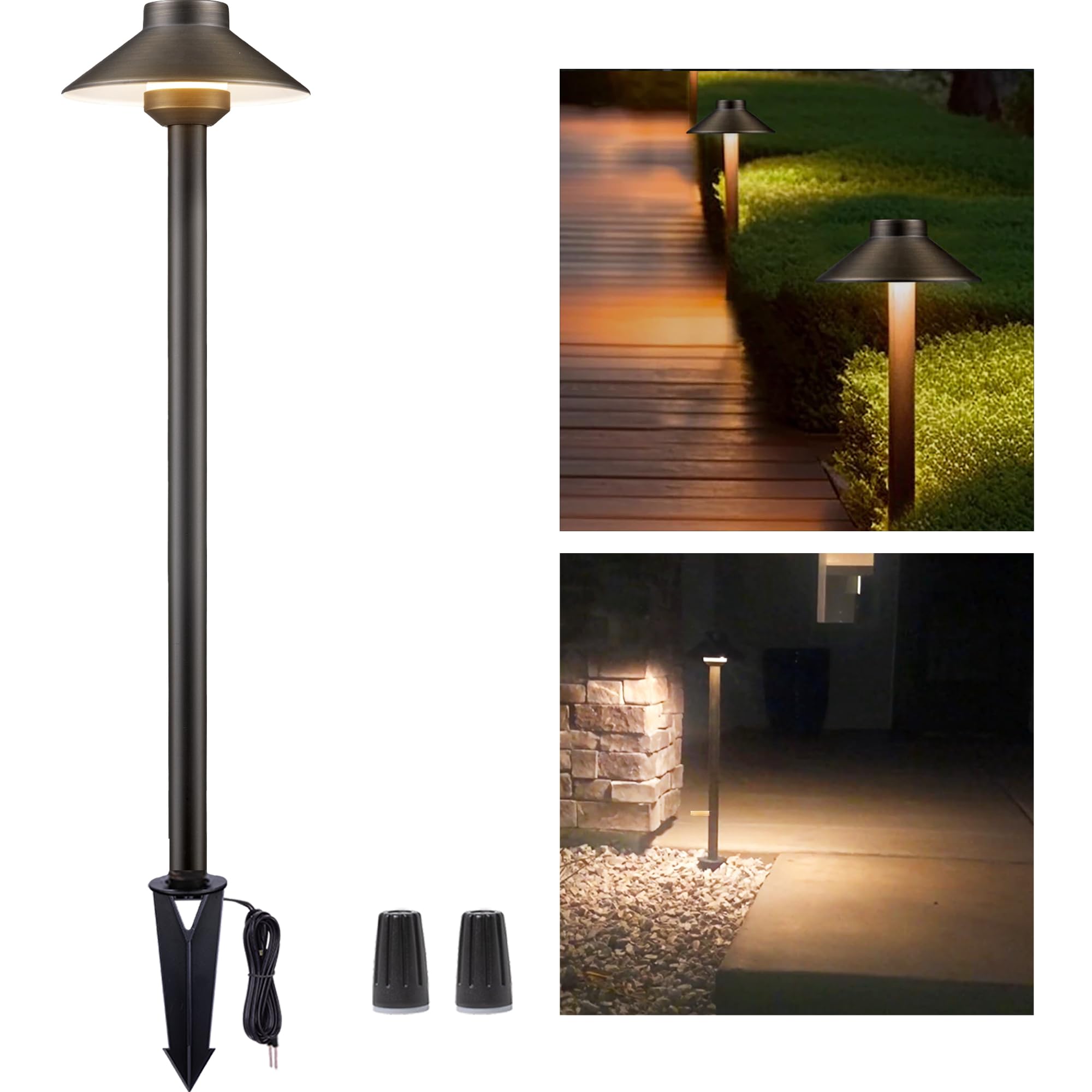 Gardenreet Solid Brass Pathway Light - 12V Landscape Path Lights Outdoor Waterproof, Electric Walkway Lamp Wired, Hat Shape Antique Bronze Garden Decoration With 3W 270Lm 2700K G4 Bulb (12 Pack)