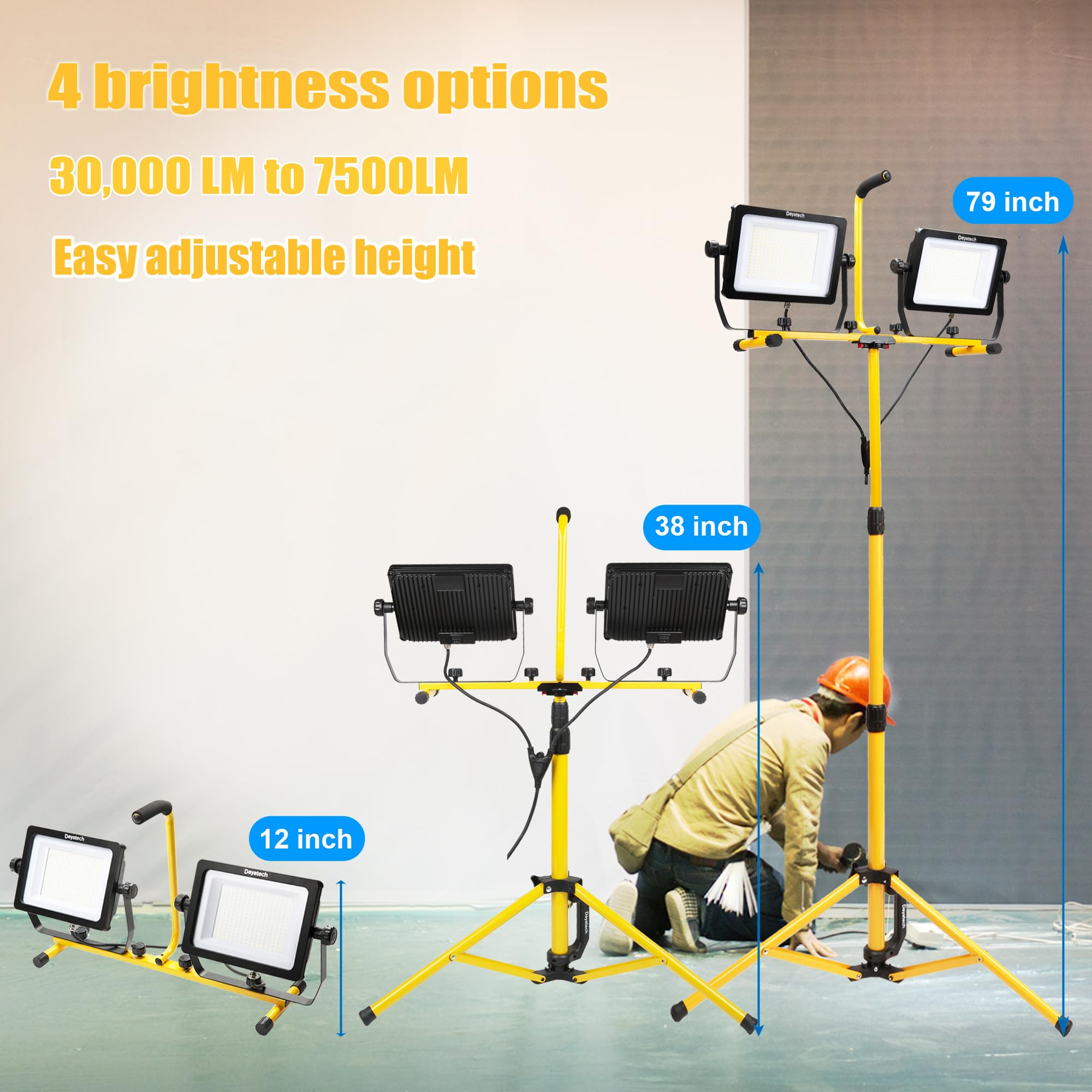 DAYATECH Dual-Head LED Work Light, 270W, 30000 Lumen, IP65 Waterproof, Extra Large, Yellow and Black, Includes Tripod Stand