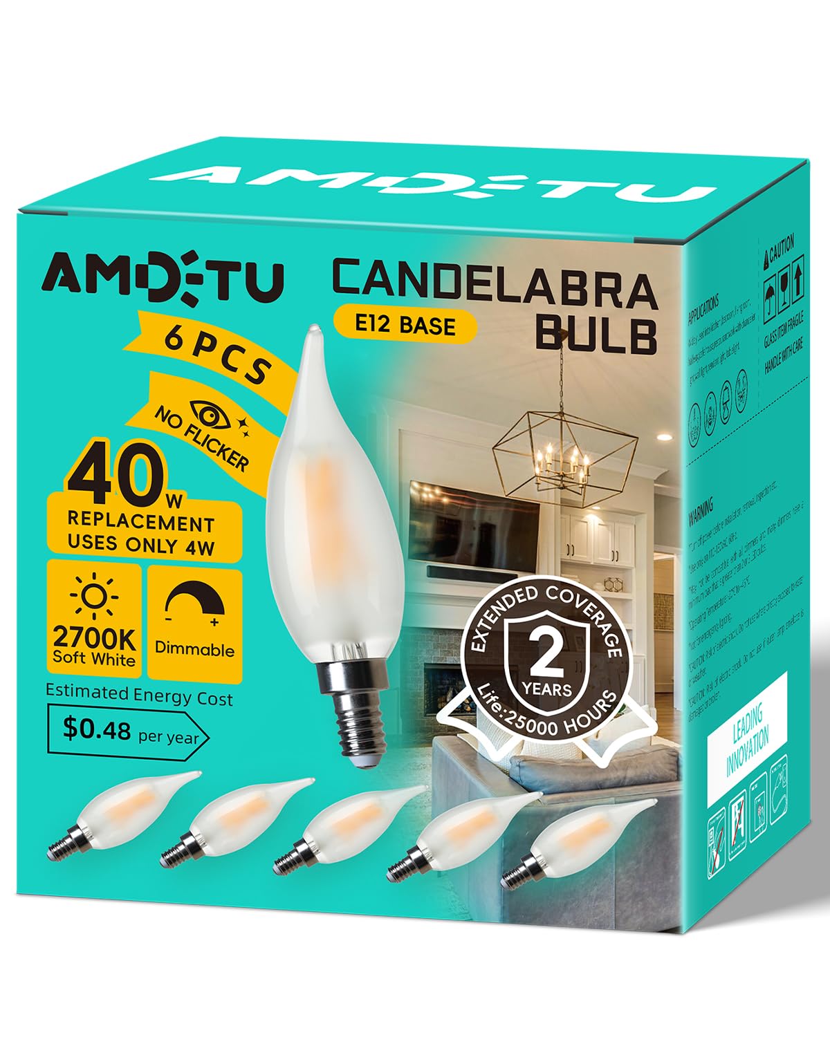 Amdtu E12 40 Watt Equivalent Frosted Small Base Led Bulb Candelabra Candle Ca10 Dimmable Chandelier Light Ideal For Dining Rooms