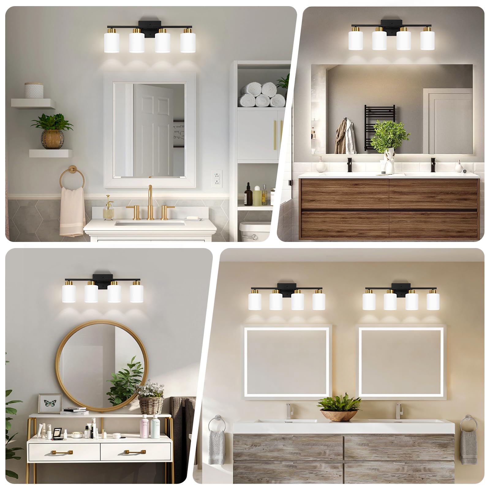 Fonmyim Black And Gold Bathroom Light Fixtures, 4-Light Modern Vanity Light Over Mirror, Wall Sconces With Milky White Frosted G