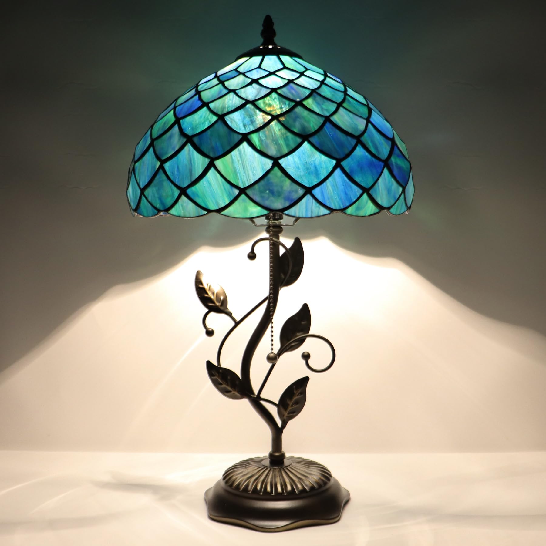Lxhcyou Tiffany Table Lamp, Stained Glass Desk Light, W12H19 Inch, Metal Leaf Base (Fishscale Style)
