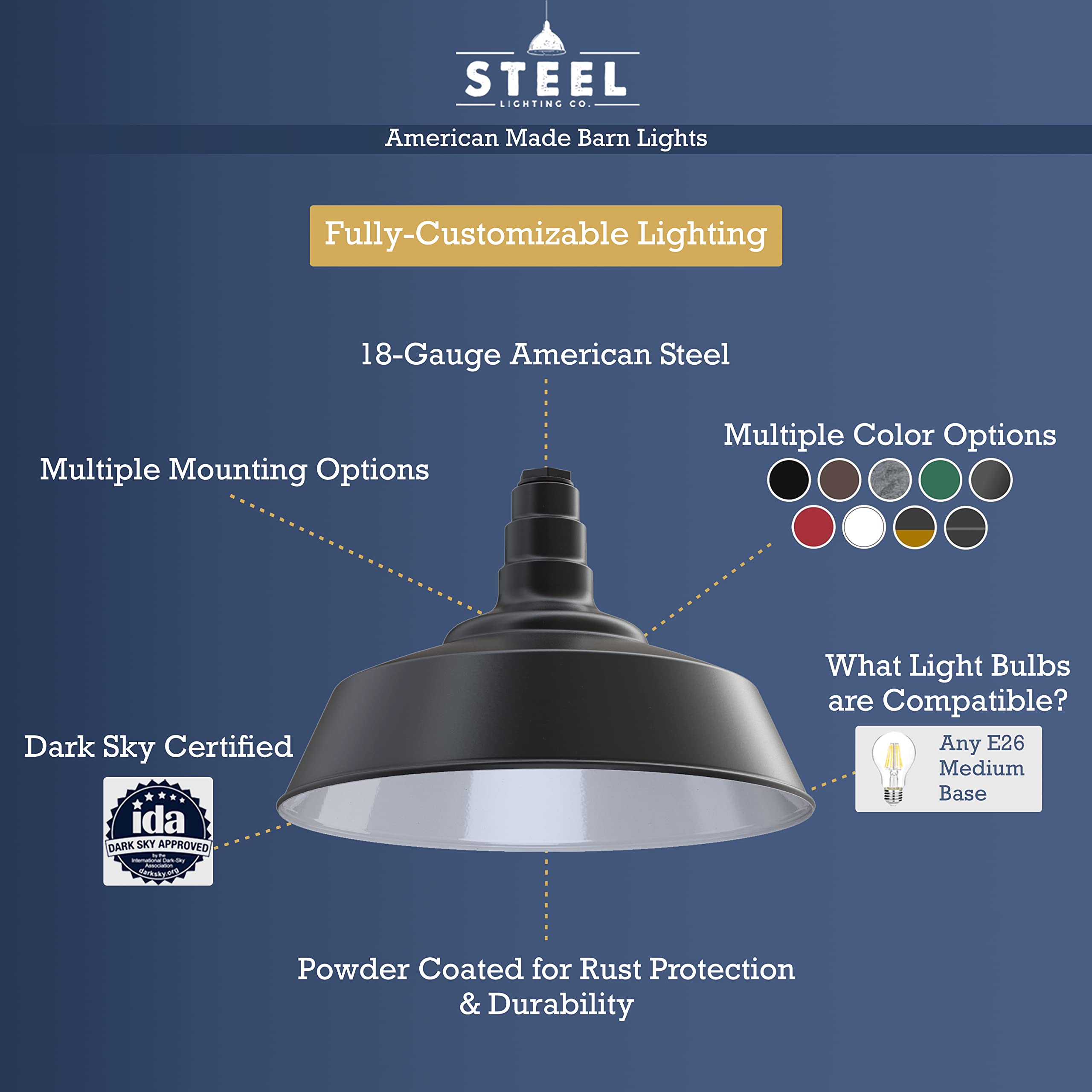 Steel Lighting Co. Pendant Light | 20in Dome | 12in Sloped Stem | Matte Black/White | Alloy Steel | Model S20-1M-PR12-08-SL12