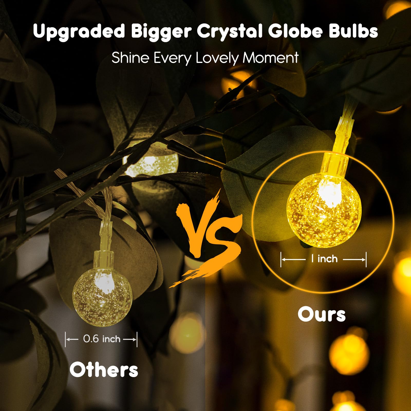 Minetom Crystal Globe String Lights, 33 ft, 60 LED, Waterproof, Battery Operated, Warm White, Remote with 8 Modes