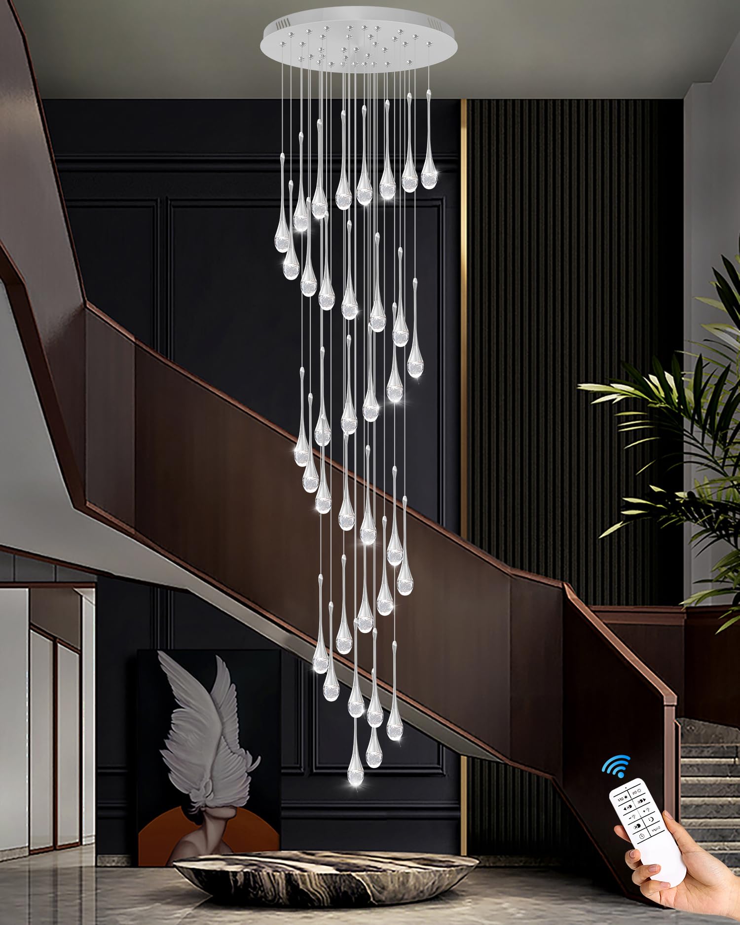 Ykolupty 150In High Ceiling Chandelier For Foyer Entrance 36-Light Crystal Silver Chandelier Light Fixture Large Ceiling Light For Living Room Staircase Hallway Dining Room