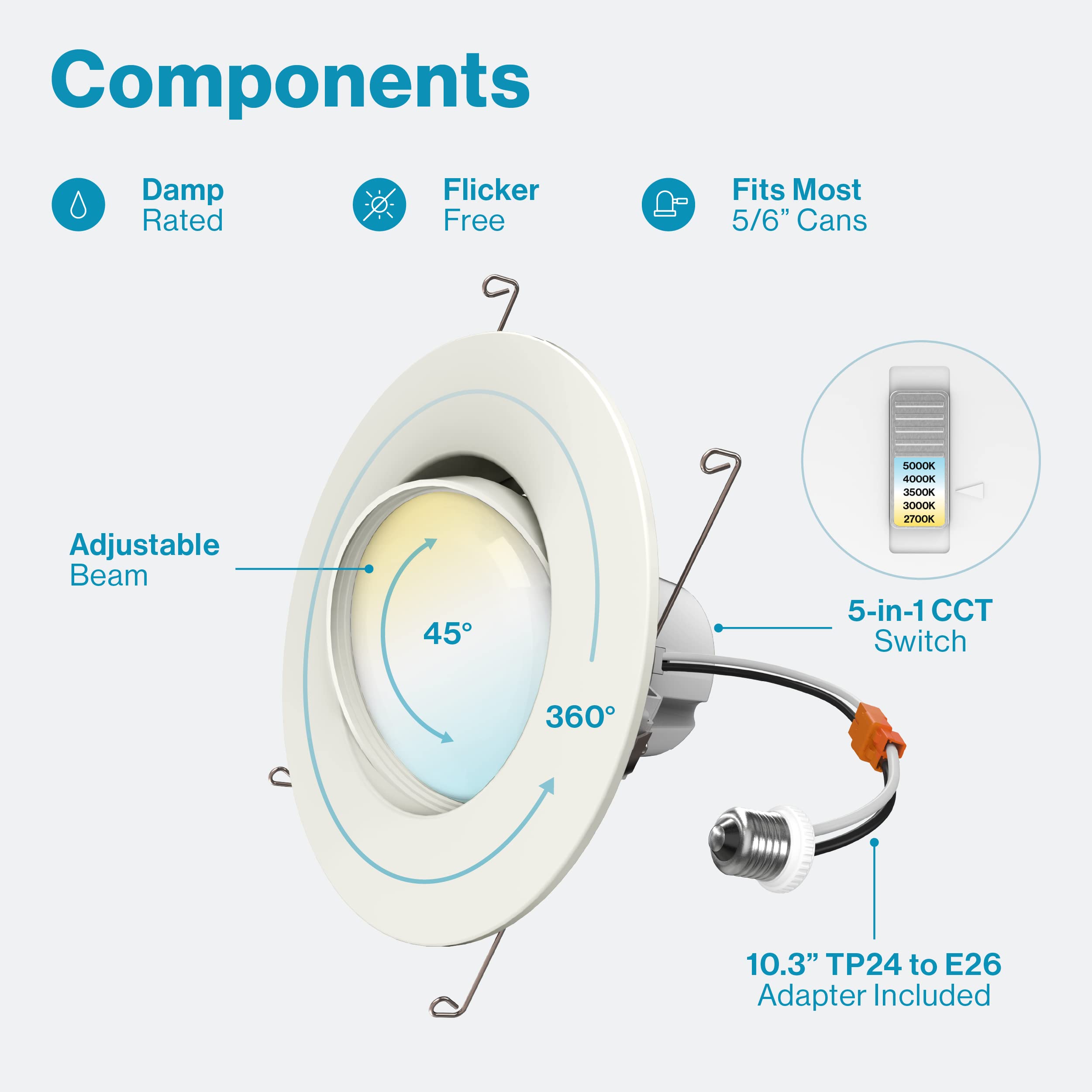 Sunco Led Can Lights Eyeball Retrofit Gimbal 5/6 Inch Recessed Lights, 12W=60W, 5 Colors (2700K/3000K/3500K/4000K/5000K), 800 Lm, Directional Angled Trim Adjustable Ceiling Downlight, Ul