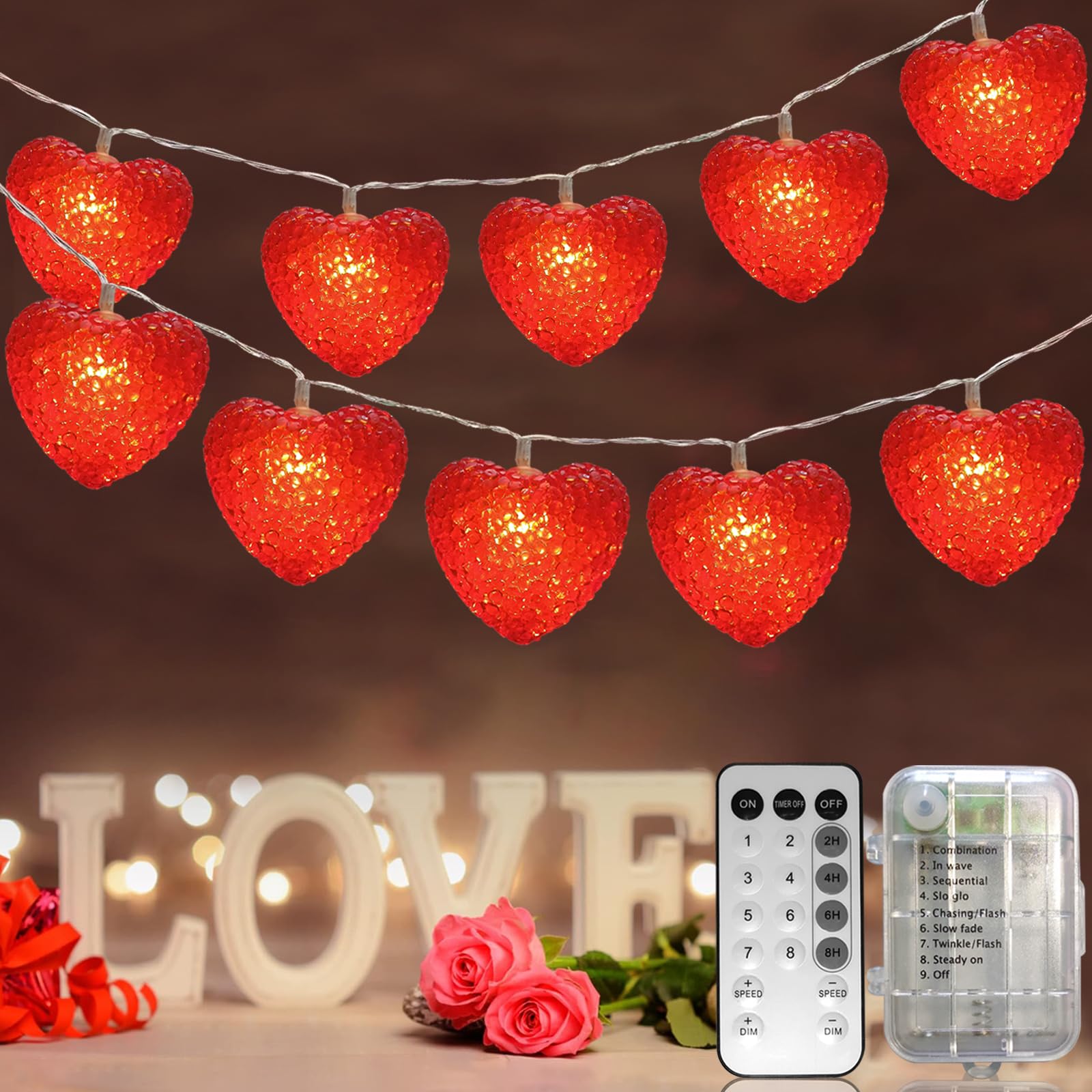 Valentines Heart String Lights Battery Operated, 6.8Ft Valentine Decoration Lights 10 Led Red Heart String Lights With Timer, Romantic Red Light Strings For Party Wedding Christmas Valentine Decor