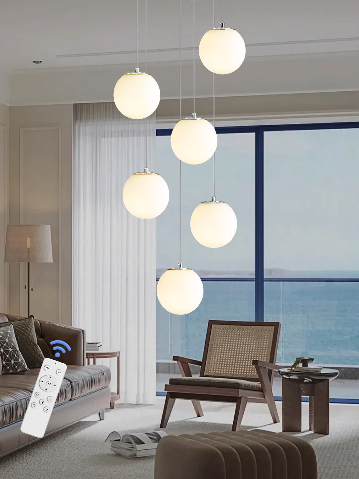 ykolupty 6-Light Silver Chandelier with White Globe Glass - Dimmable Ceiling Light for Kitchen Island, Dining Room, LED Bulbs Included