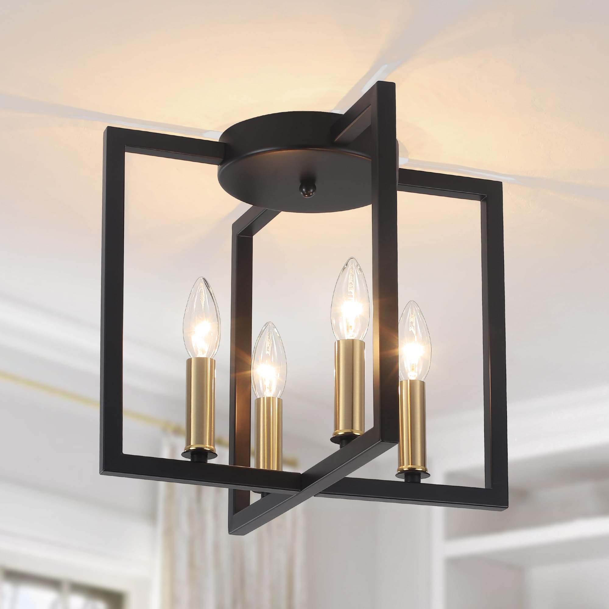 Modern Farmhouse 4-Light Black And Gold Ceiling Light Fixture, Industrial Close To Ceiling Light With Geometric Metal Shade, Per