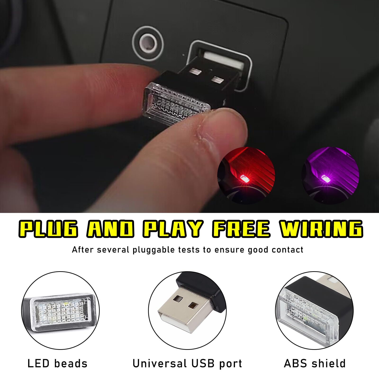 Augeny Usb Led Car Interior Atmosphere Lamp - 4 Pcs Portable Auto Ambient Lighting Kit, 2 Red + 2 Purple For Most Vehicles