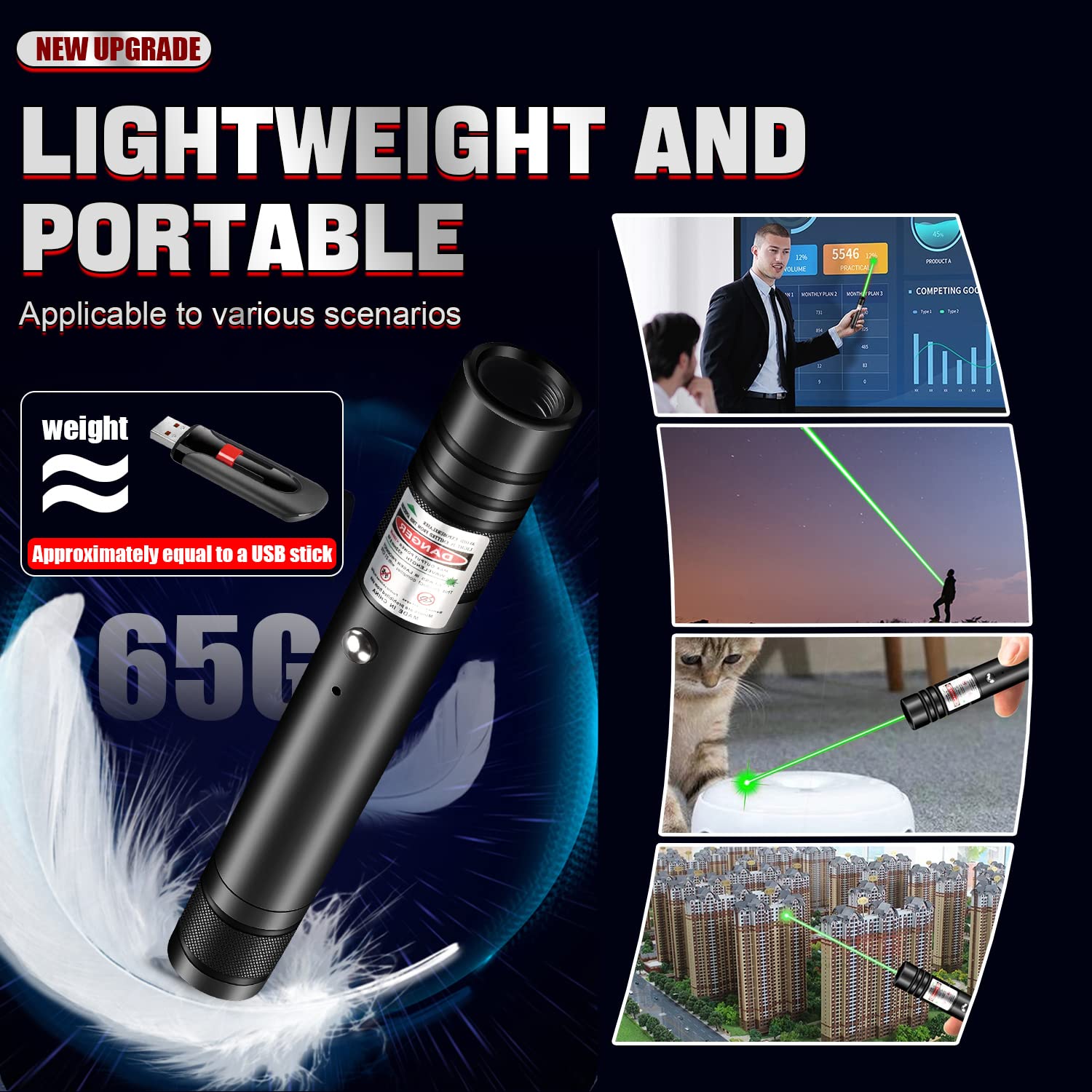 FUIIKEEM EDC Pen Light - Rechargeable LED Flashlight & Green Laser Pointer, Black, USB Port, Ideal for Presentations & Outdoor Adventures