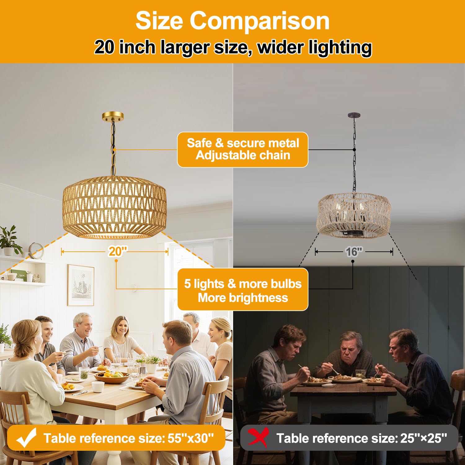 Lynnoland 19" Hand-Woven Rattan Chandelier Light Fixture, 5-Light Rustic Pendant, Gold, for Dining Room, Kitchen, Bedroom, Foyer