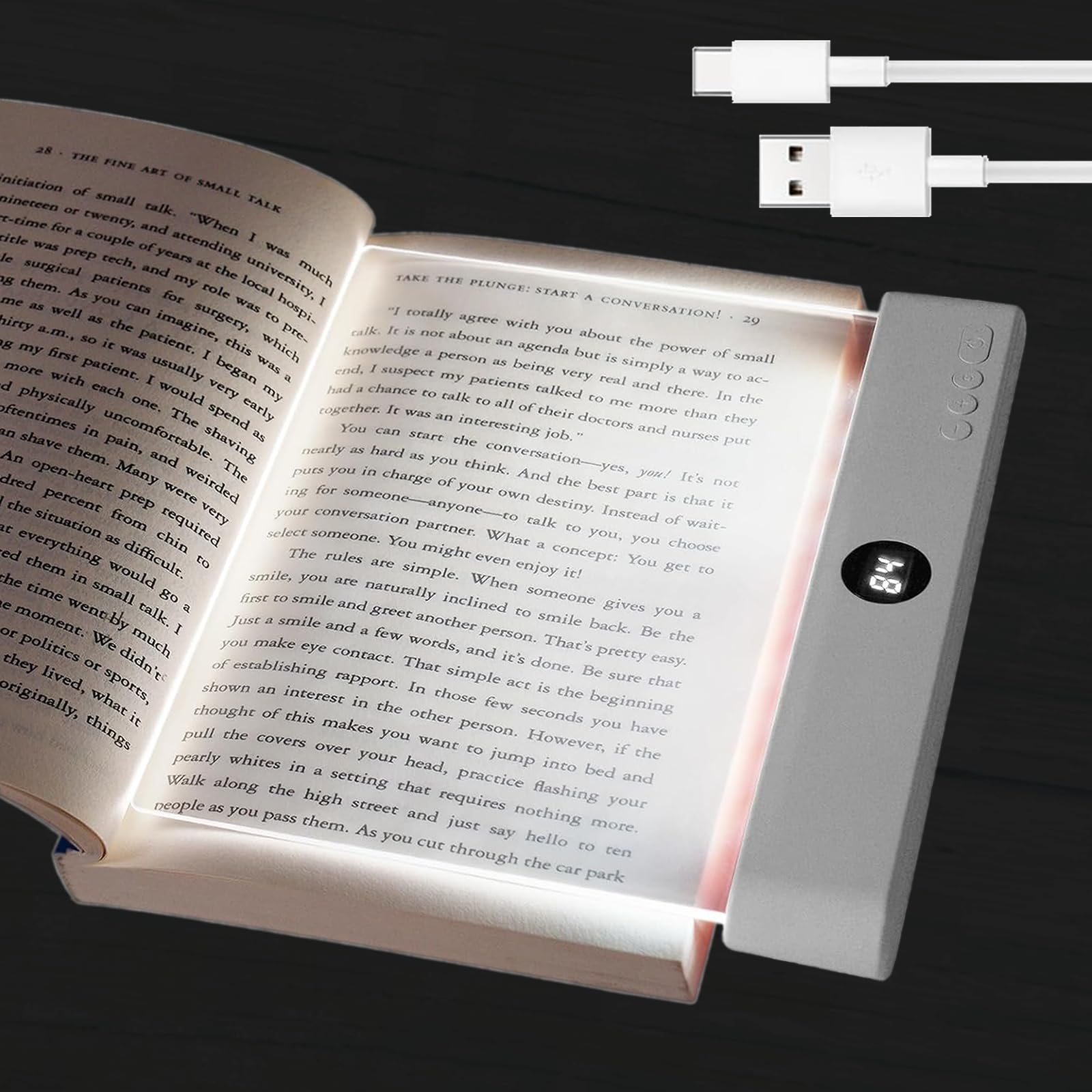Book Light  Rechargeable Reading Lights for Books in Bed - Eye Caring 3 Color Temperatures  Stepless Dimming Brightness  Timer  Long Lasting  Portable Flat Book Light for Book Lovers (White)
