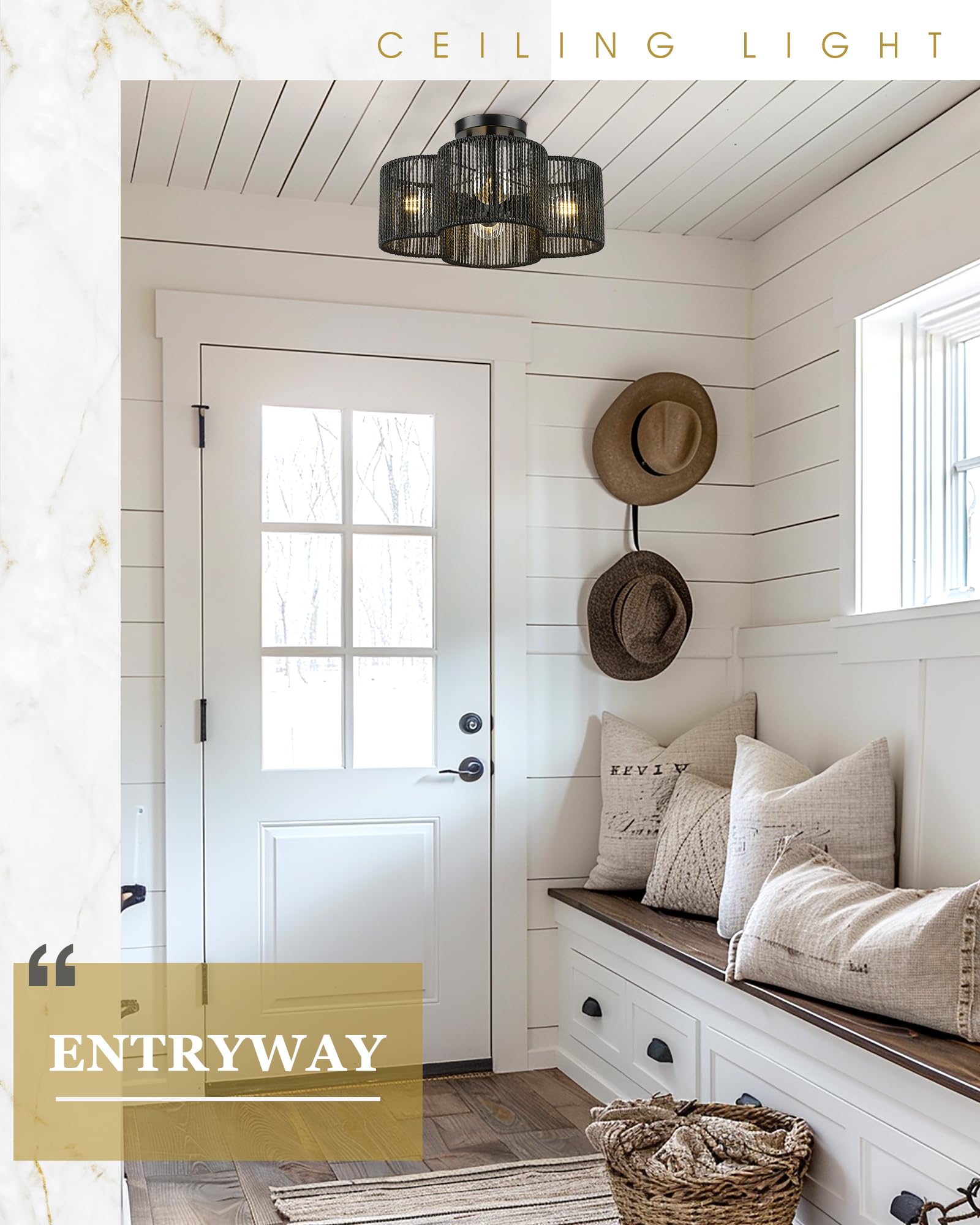 Audickic Rattan Ceiling Light Fixture, 4-Light Semi Flush Mount, 14in Black Hand-Woven Shade, Model AD-22007-4SF-RA-BK