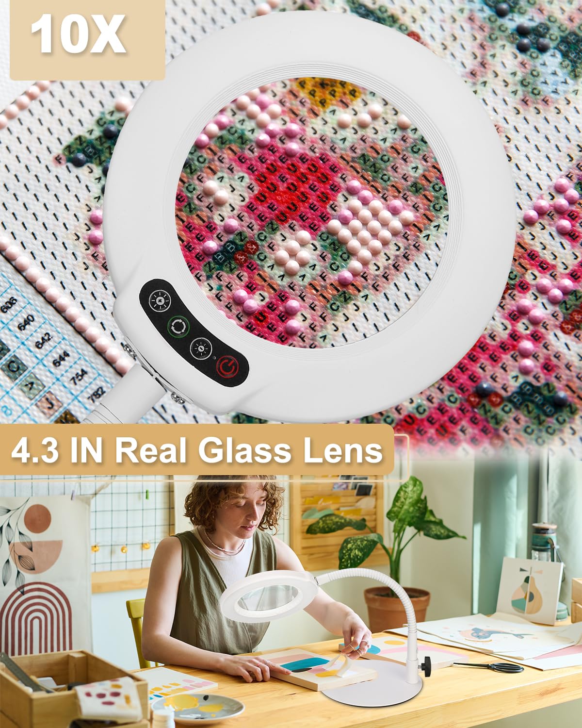 10X Magnifying Glass With Light, 5 Color Modes Stepless Dimmable Flexible Gooseneck Led Hands-Free Desk Lamp, Stand Lighted Magn