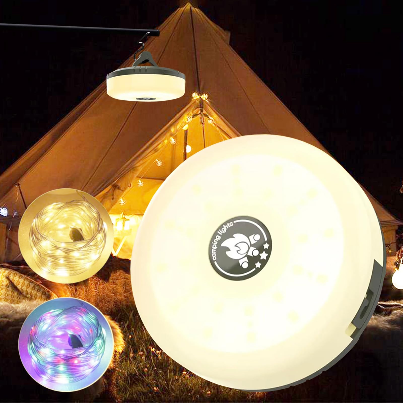Camping String Lights, 4 in 1 Outdoor String Lights with 8 Lighting Modes, Quick Storage, USB Charging, Portable Camping Lights 