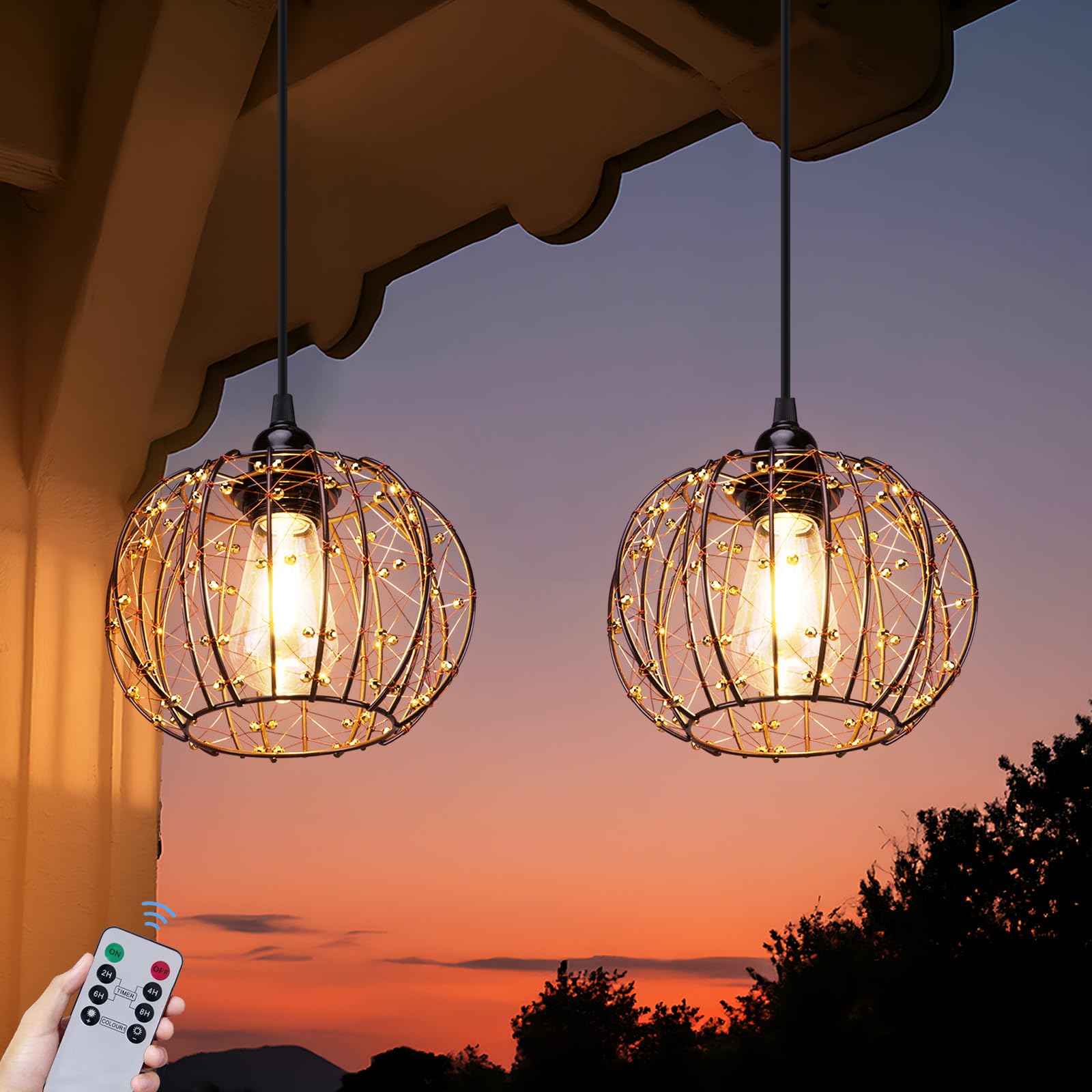 All Fortune Battery Operated Hanging Outdoor Chandelier, Battery Operated Gazebo Pendant Light Outdoor Waterproof, No Wiring, Po