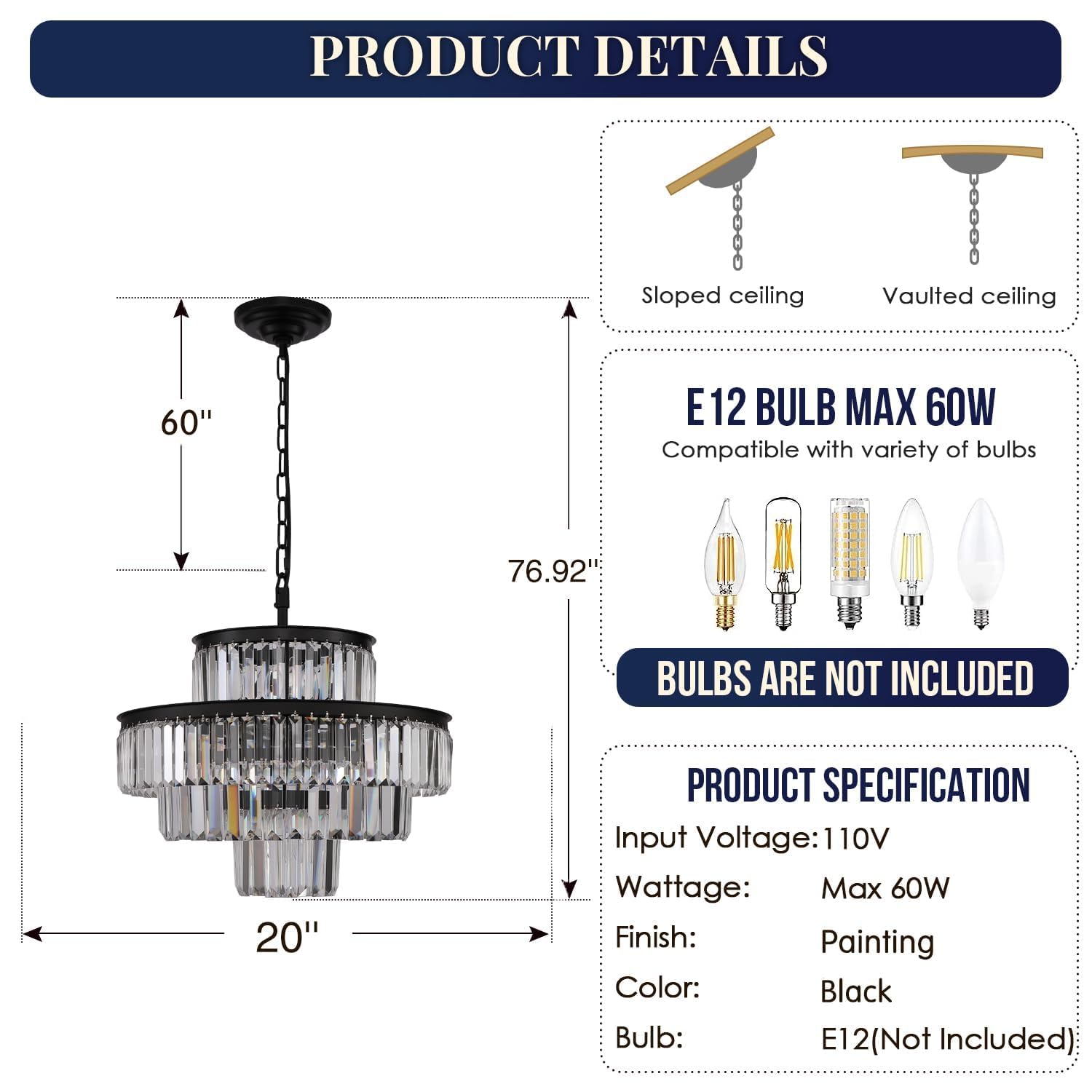 GMlixin Black Crystal Chandelier, Modern Pendant Light Fixture, 20 Inch, for Dining Room & Bedroom, Model GM2950-500-1