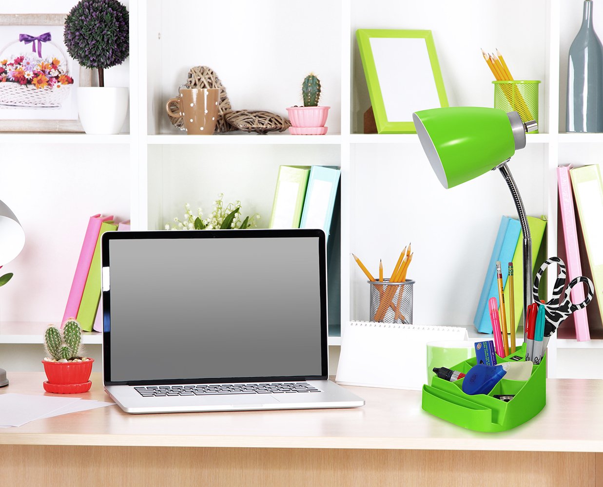 Simple Designs Ld1056-Grn Gooseneck Organizer Desk Lamp With Ipad/Tablet Stand Or Book Holder And Usb Port, Green