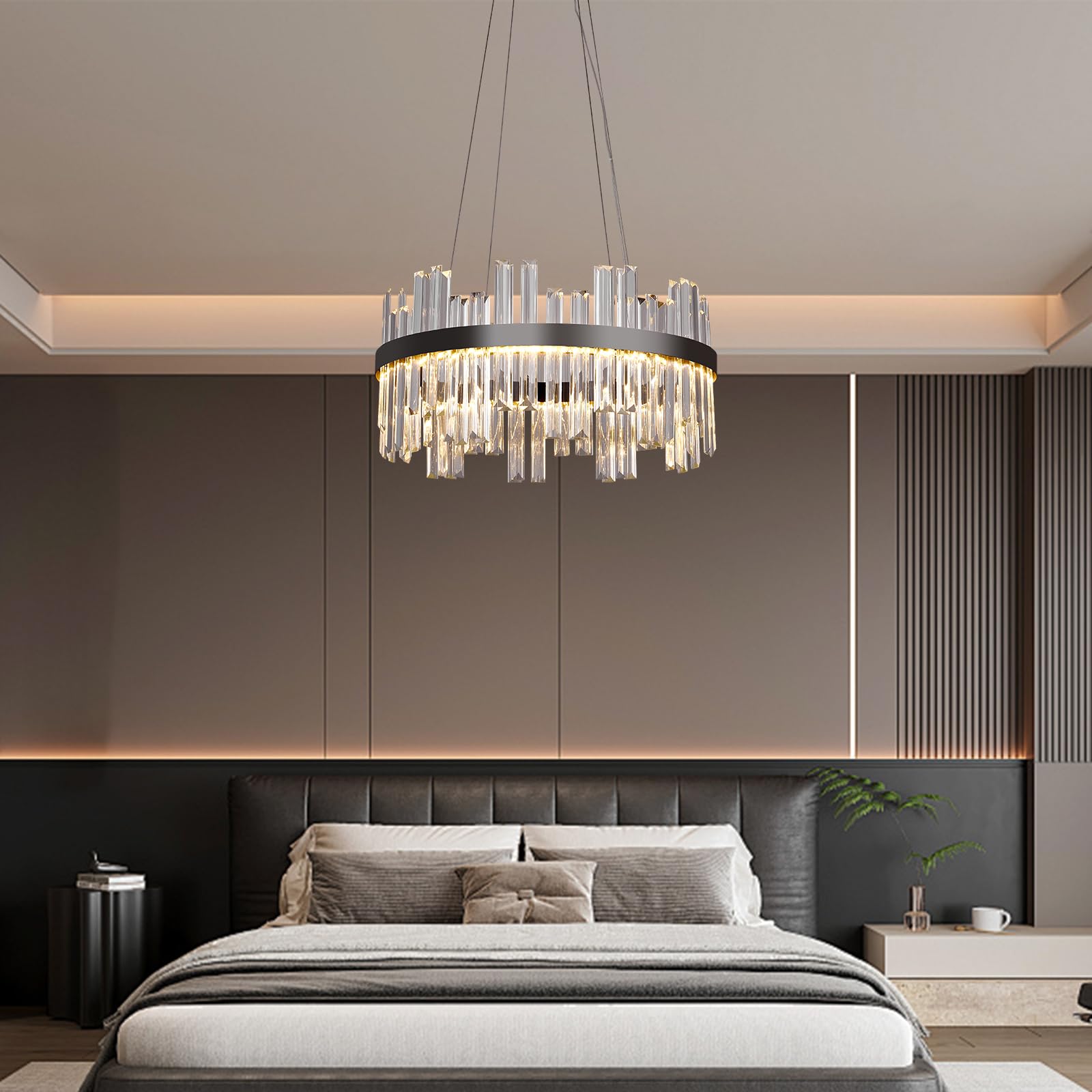 Black Led Modern Crystal Chandelier: 19.7 Round Contemporary 3 Color Dimmable Dining Room Light Fixture Over Table - Adjustable Lighting Chandeliers For Bedroom Living Kitchen Island Entryway Foyer