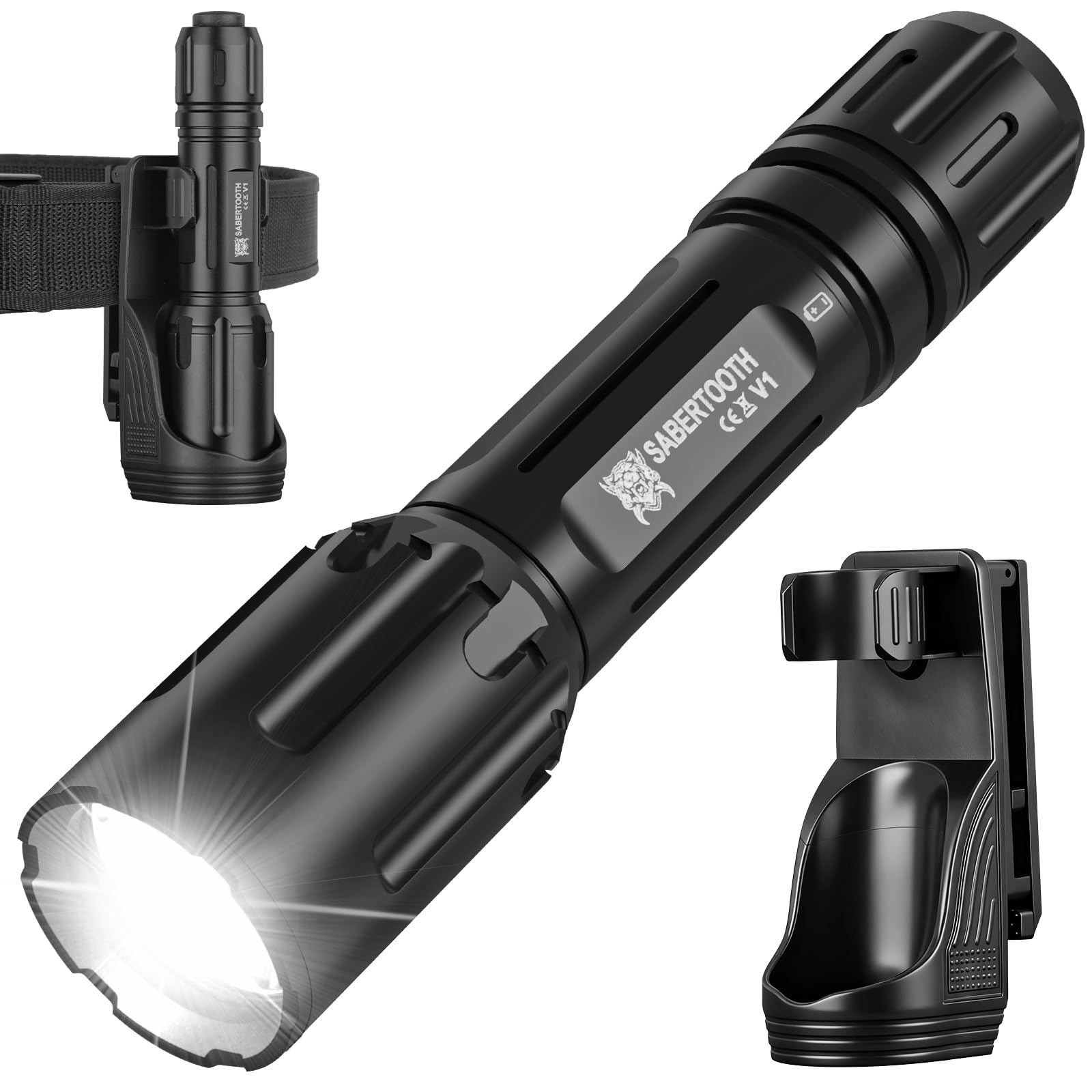 SABERTOOTH 2200 High Lumens Tactical Police Flashlight with Duty Belt Holster, Professional Law Enforcement Flashlight for Work,