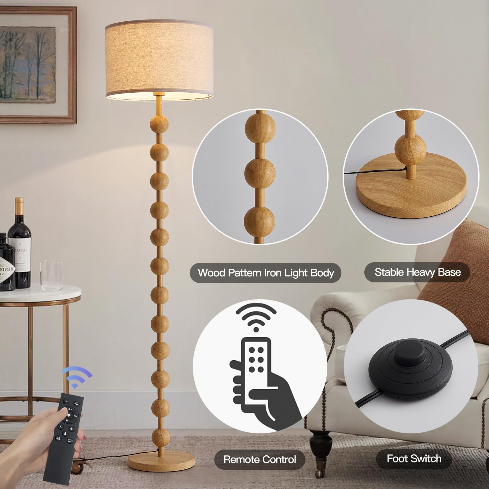 Fetason Modern Dimmable Floor Lamp with LED Bulb, 63" Tall, Yellow Wood Pattern, Iron, Fabric Shade for Living Room and Office