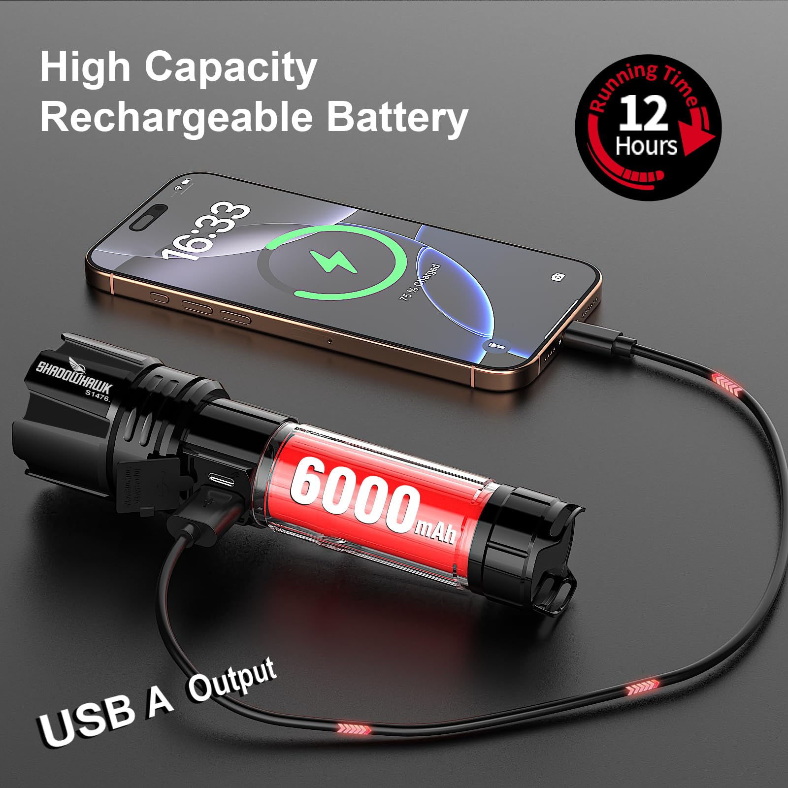 Shadowhawk Flashlight 2000 - 30W High Lumens LED, 5000ft Beam, 12H USB-C Rechargeable, Black, Model CA-S1476