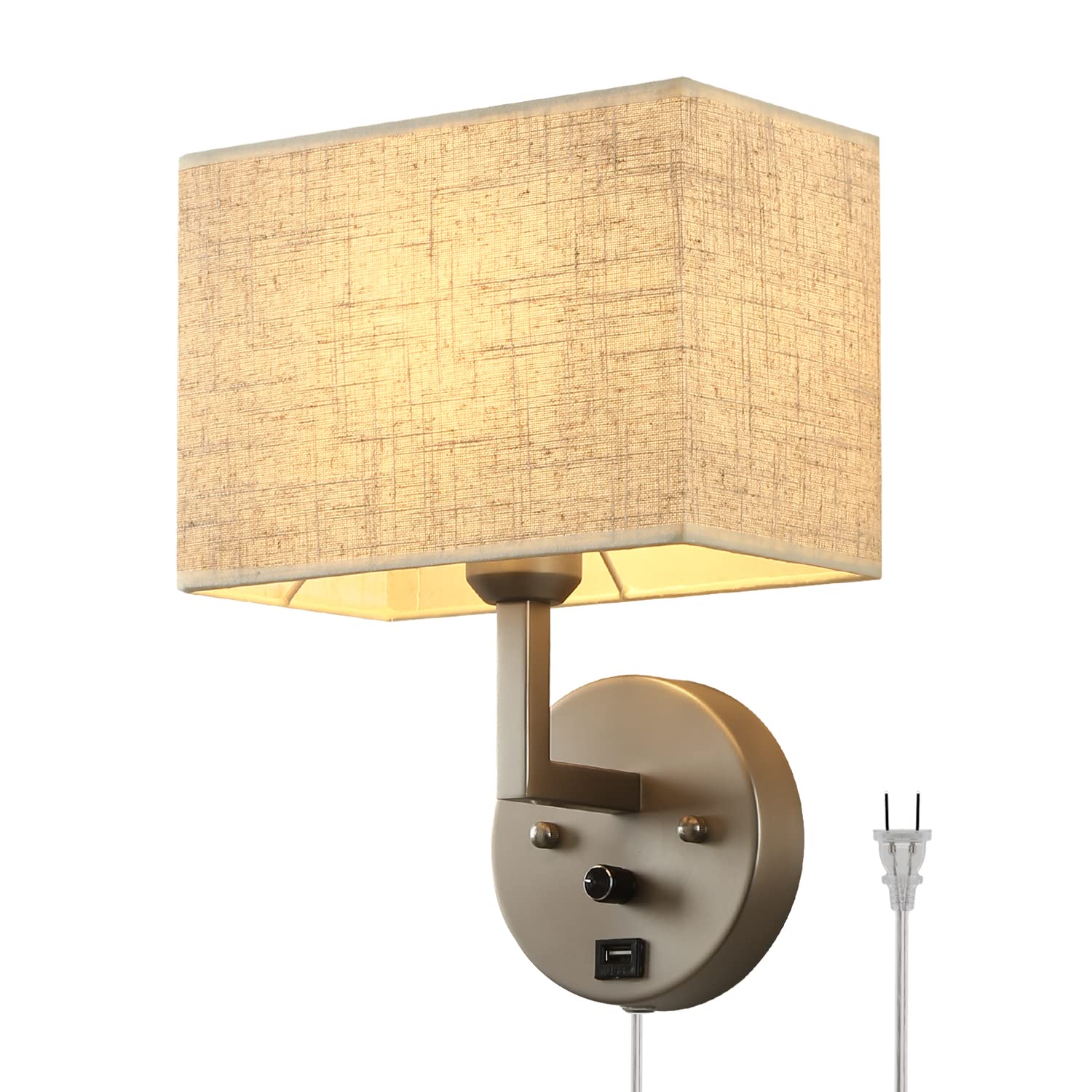 PULLCU Plug in Wall Sconce with Dimmer Switch and USB Port,1-Light 9.5Rectangular Linen Fabric Shade,Bedside Wall Lamp Satin Nic
