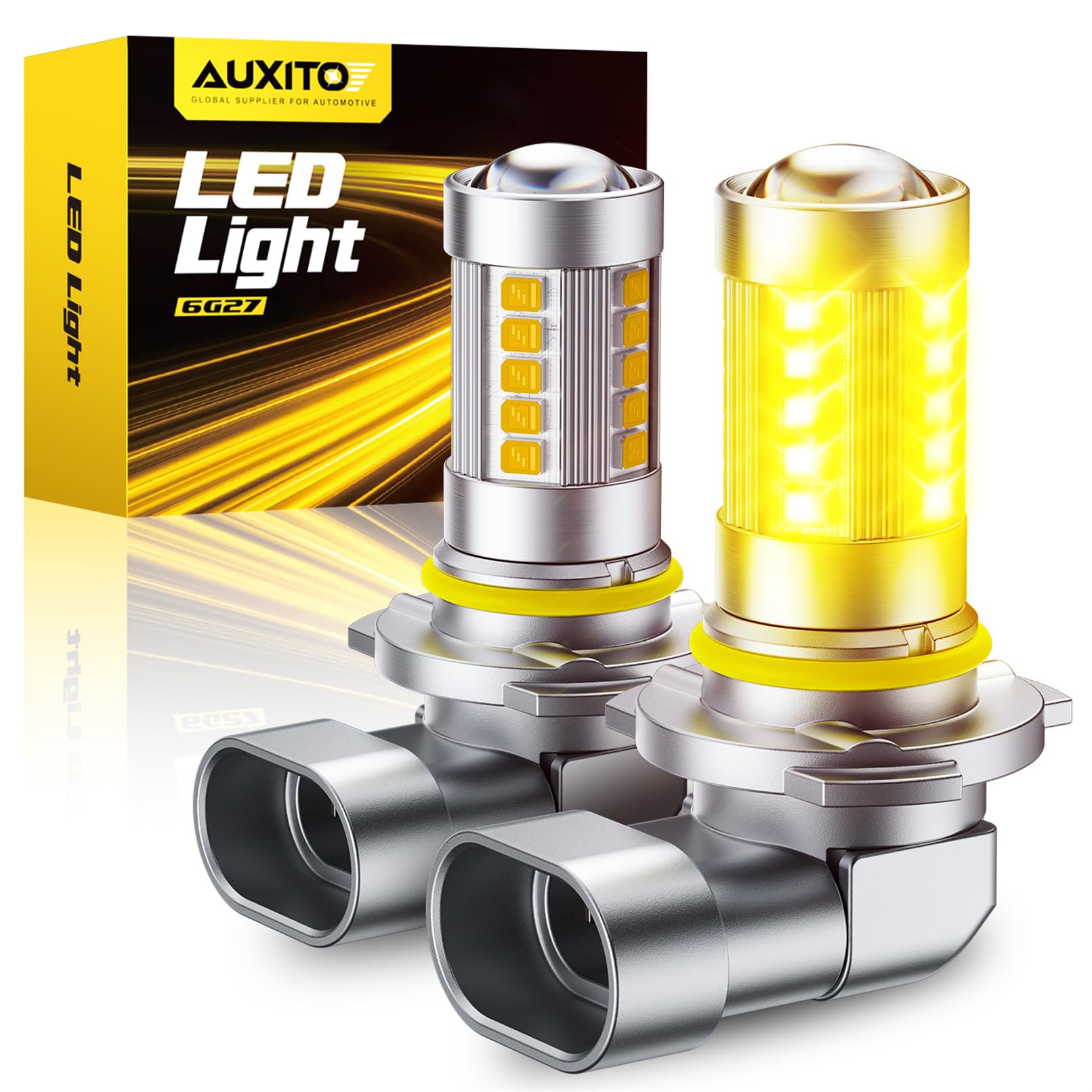 AUXITO 9006 LED Fog Light Bulbs, 3000K Amber Yellow, HB4 Mini Size, 360° Full Illumination, Pack of 2