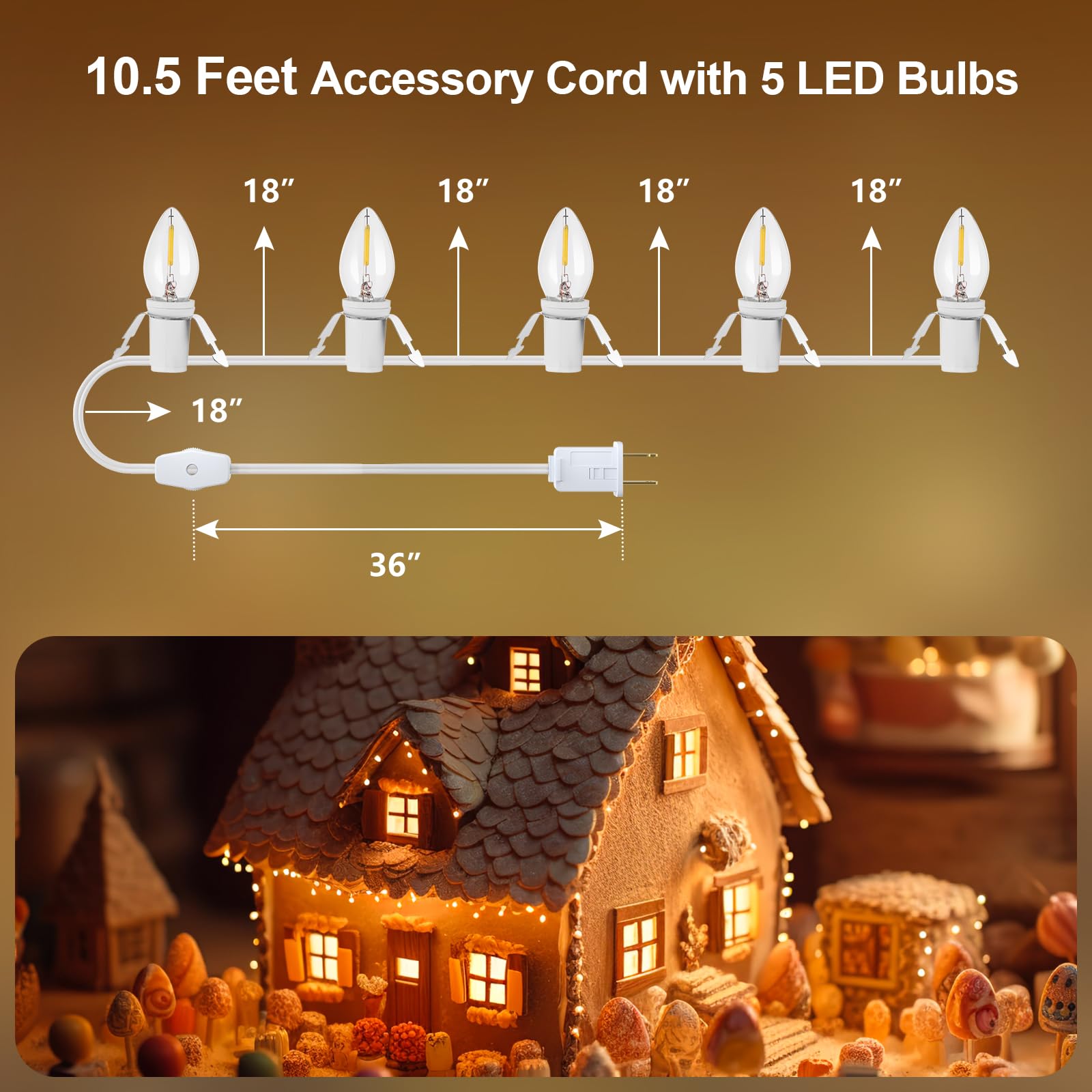 Suraielec Christmas Village Lights, 10.5 Ft Accessory Cord With 5 Led Light Bulbs, Blow Mold Replacement Lights With Switch, C7 Light Cord For Halloween Decorations, Craft Projects, Ul Listed, 2 Pack