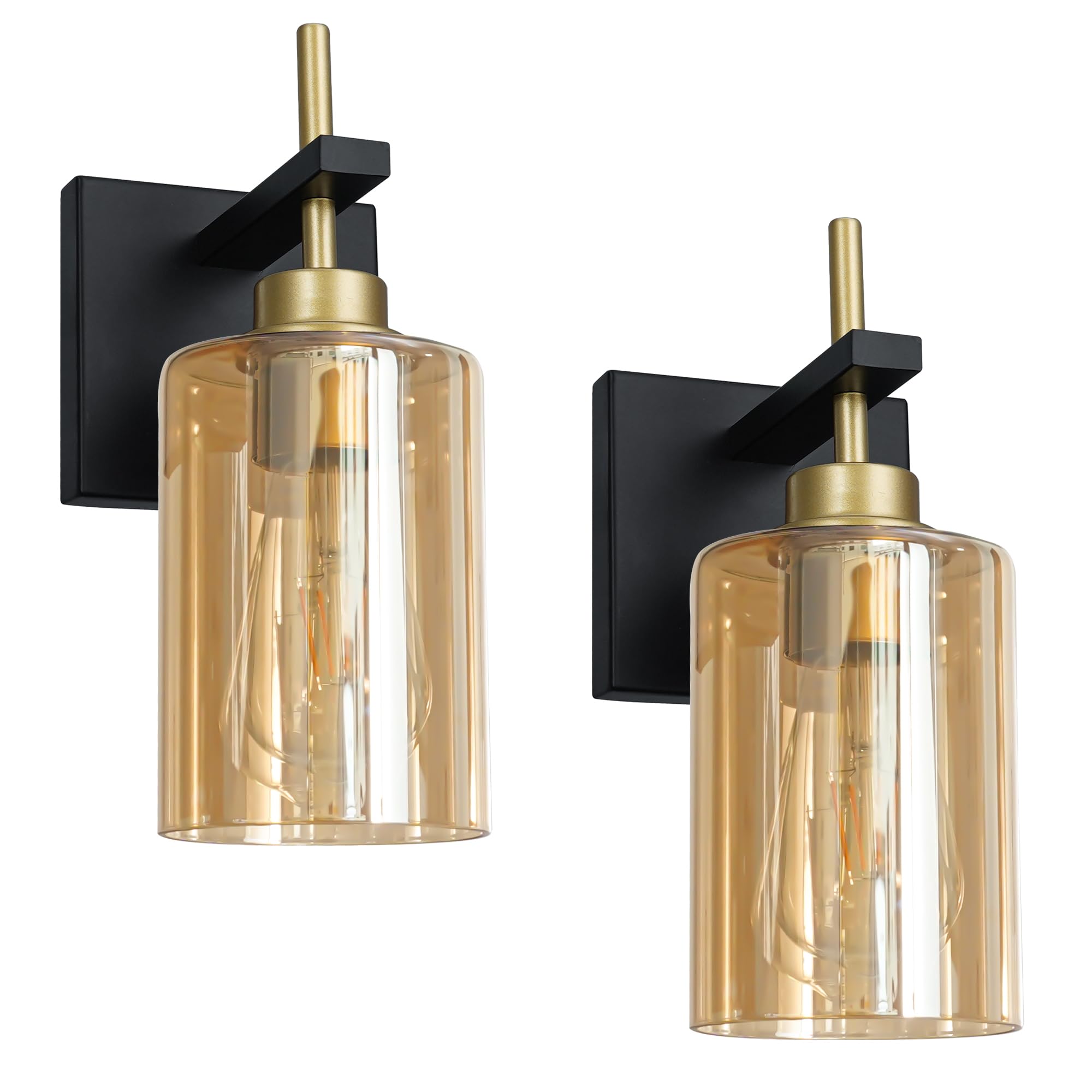 DSMJFU Modern Bathroom Light Fixtures, Black and Gold Wall Sconces, Hardwire Amber Glass, Model DX23001V1B&G-AM-2, Set of Two