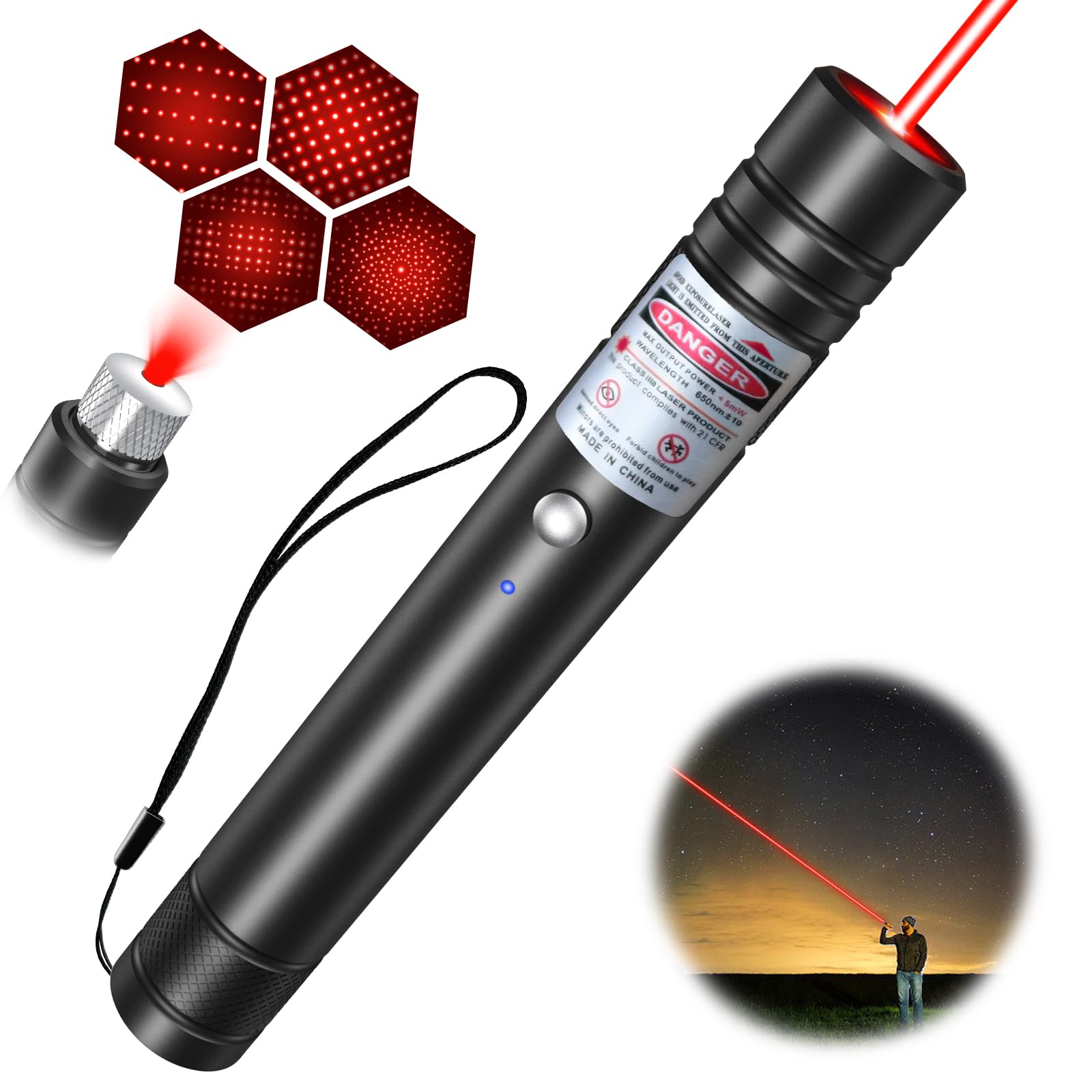 LETEAPII Red Light Flashlight, Long Distance USB Rechargeable Tactical Beam with Star Cap Adjustable Effect for Outdoor Journeys
