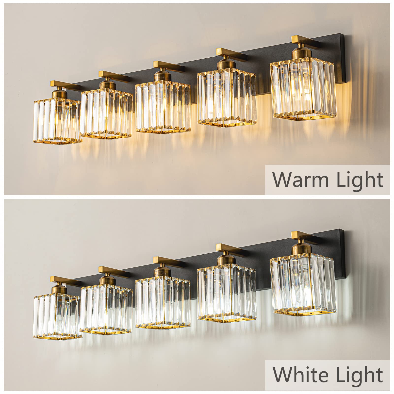 FDPBY 5-Light Modern Bathroom Vanity Light - Black Gold Metal, 36.22-Inch, Crystal Fixtures, Minimalist Design, Model JW-002