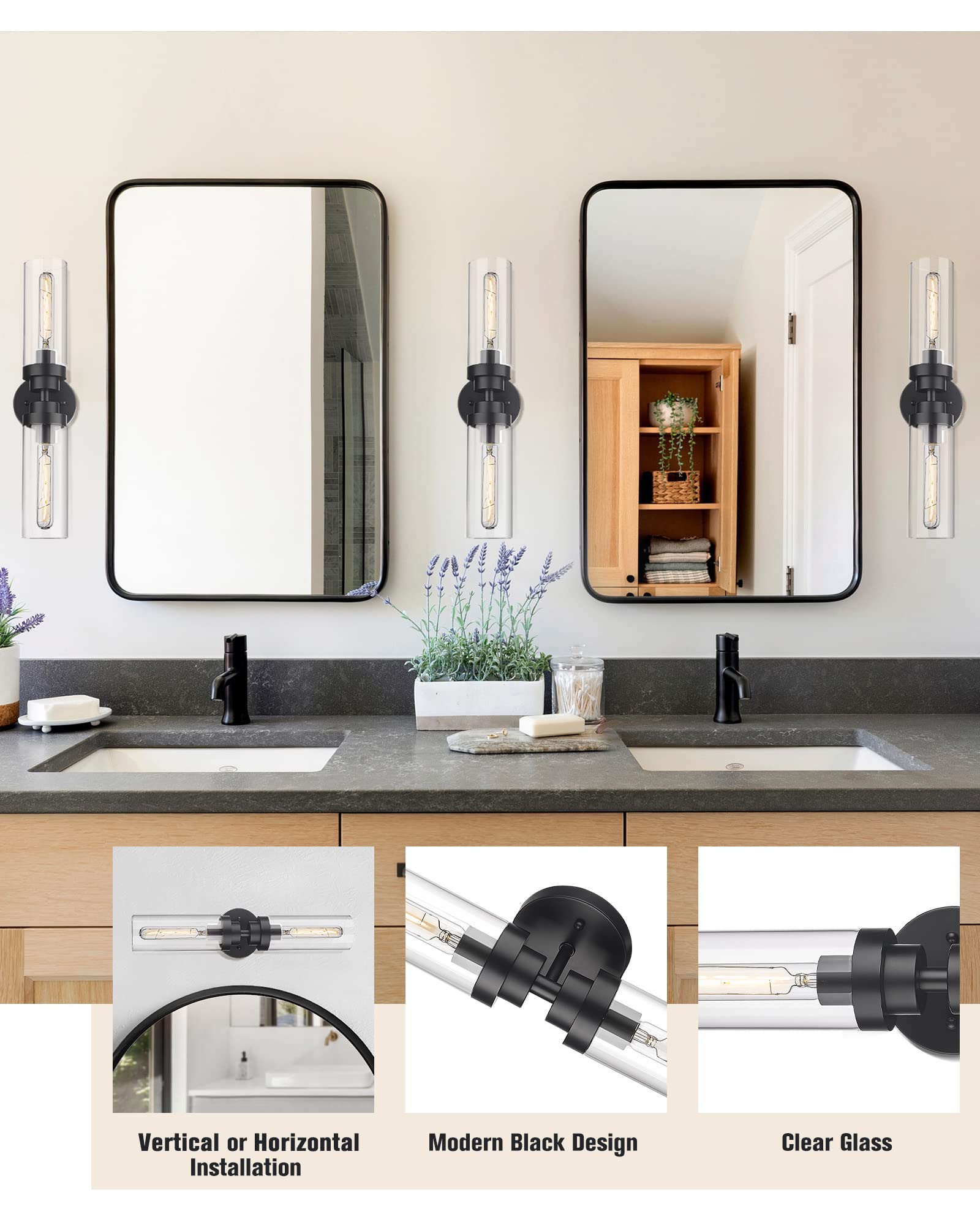Emak 22 Inch Black Bathroom Light Fixtures, 2-Light Vanity Light with Clear Glass Shade, Metal, VL085-BKL-2-2PK, Matte Black - 2PC