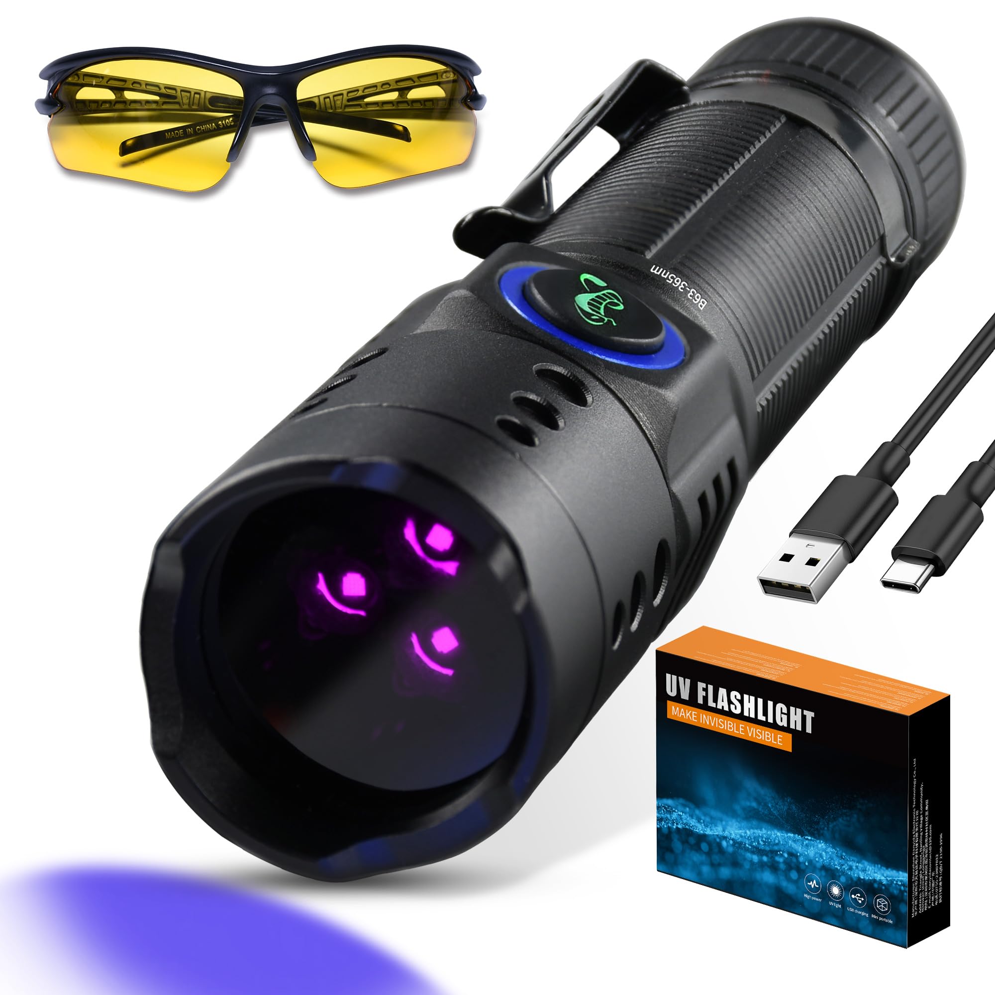 DARKBEAM 365nm UV Flashlight - 3 LED Mini Blacklight, Rechargeable, Pocket Size, Pure Black