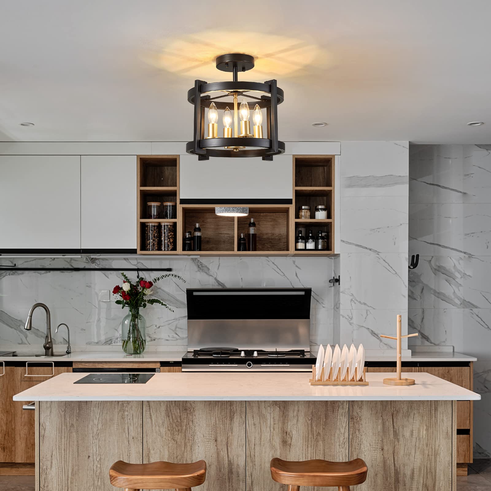 Meixisue 4-Light Semi Ceiling Light Flush Mount Bk+Gd Farmhouse Rustic Vintage Antique Ceiling Light Fixture For Hallway Entrywa