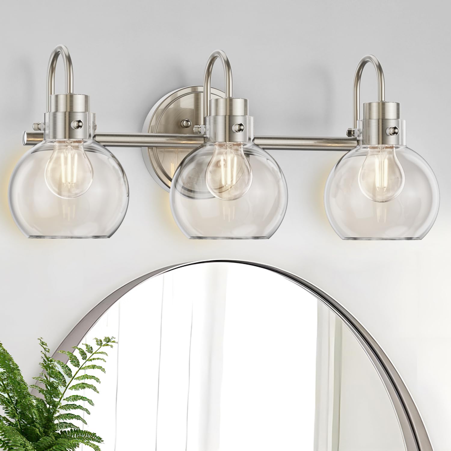 3 Lights Vanity Light, Brushed Nickel Bathroom Light Fixtures, Farmhouse Wall Sconces with Globe Clear Glass Shade, Porch Wall M