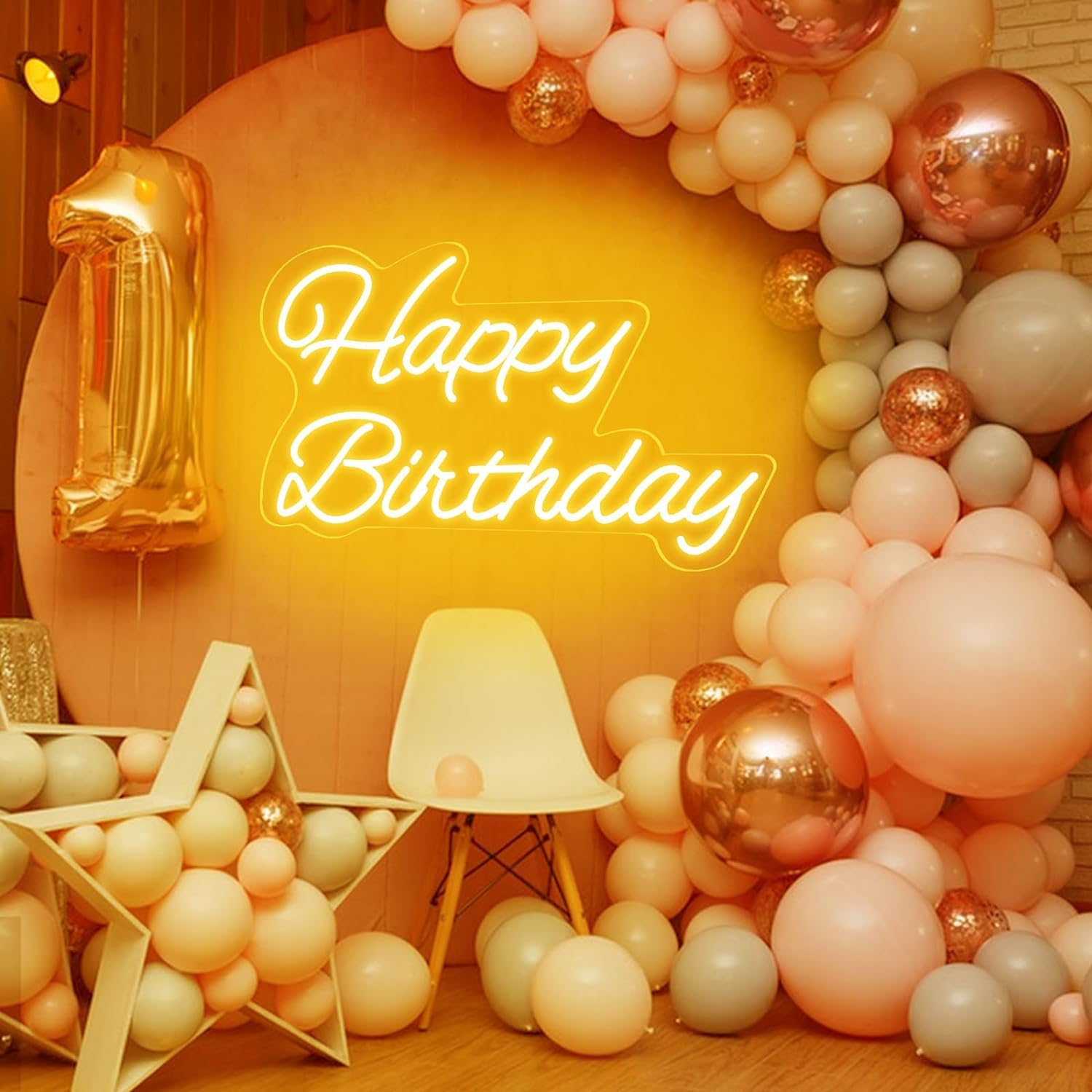 Neonawall Acrylic Birthday Neon Sign, Warm Light, Dimmable, USB Powered, 16.54x9.06in, Model Z-HB01-Warm-16