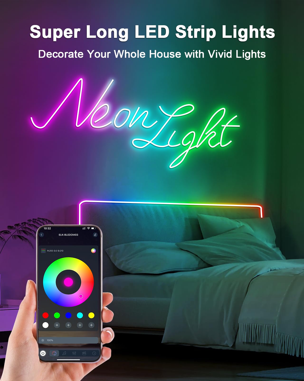 Vrribonx 40Ft LED Neon Rope Lights, RGB Waterproof, App/Remote Control, Flexible, Music Sync, Model V40-01