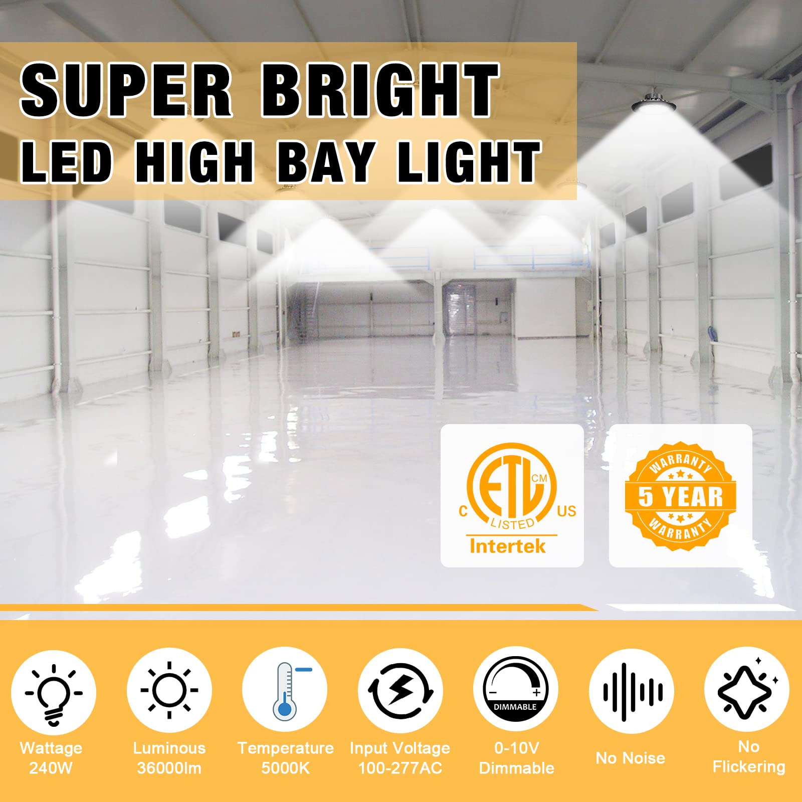 JC-LGL 240W UFO LED High Bay Light, 36,000LM, Dimmable, 5000K, Aluminum, ETL Listed, Model HB-240W 1Pack