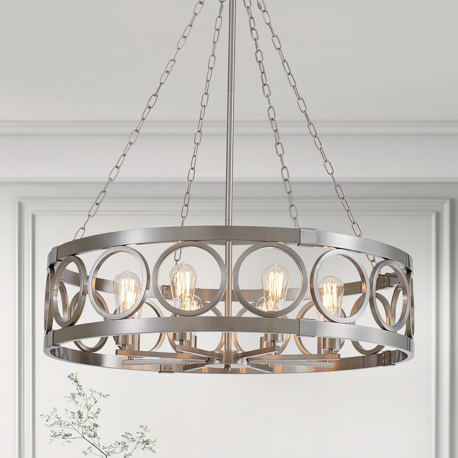 Xingqi Large Drum Chandelier 32.3" Modern Brushed Nickel 8-Light Round Chandeliers For Dining Room Living Room Office Kitchen Island Rustic Pendant Lighting Fixture Over Table