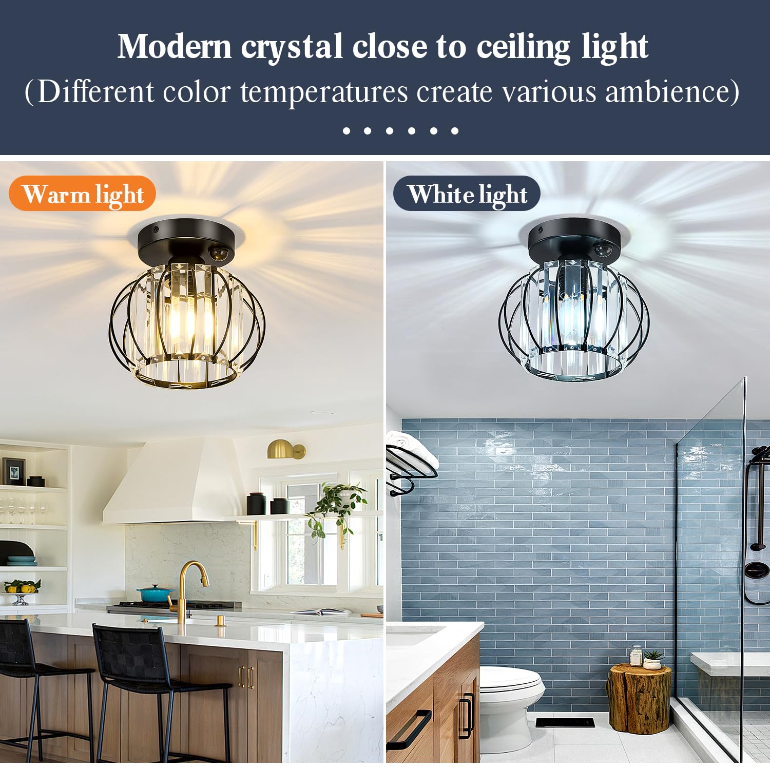 Yyjlx Indoor Motion Sensor Ceiling Light Fixture Modern Cryatal Semi Flush Mount Ceiling Light Black Ovrehead Light Fixture For