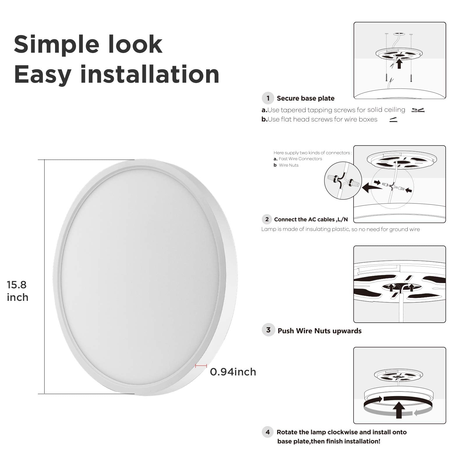 Taloya 15.8Inch Dimmable Flush Mount Led Ceiling Light,3 Color In One (3000K/4000K/6500K) White 24W=240W Round For Living Room G