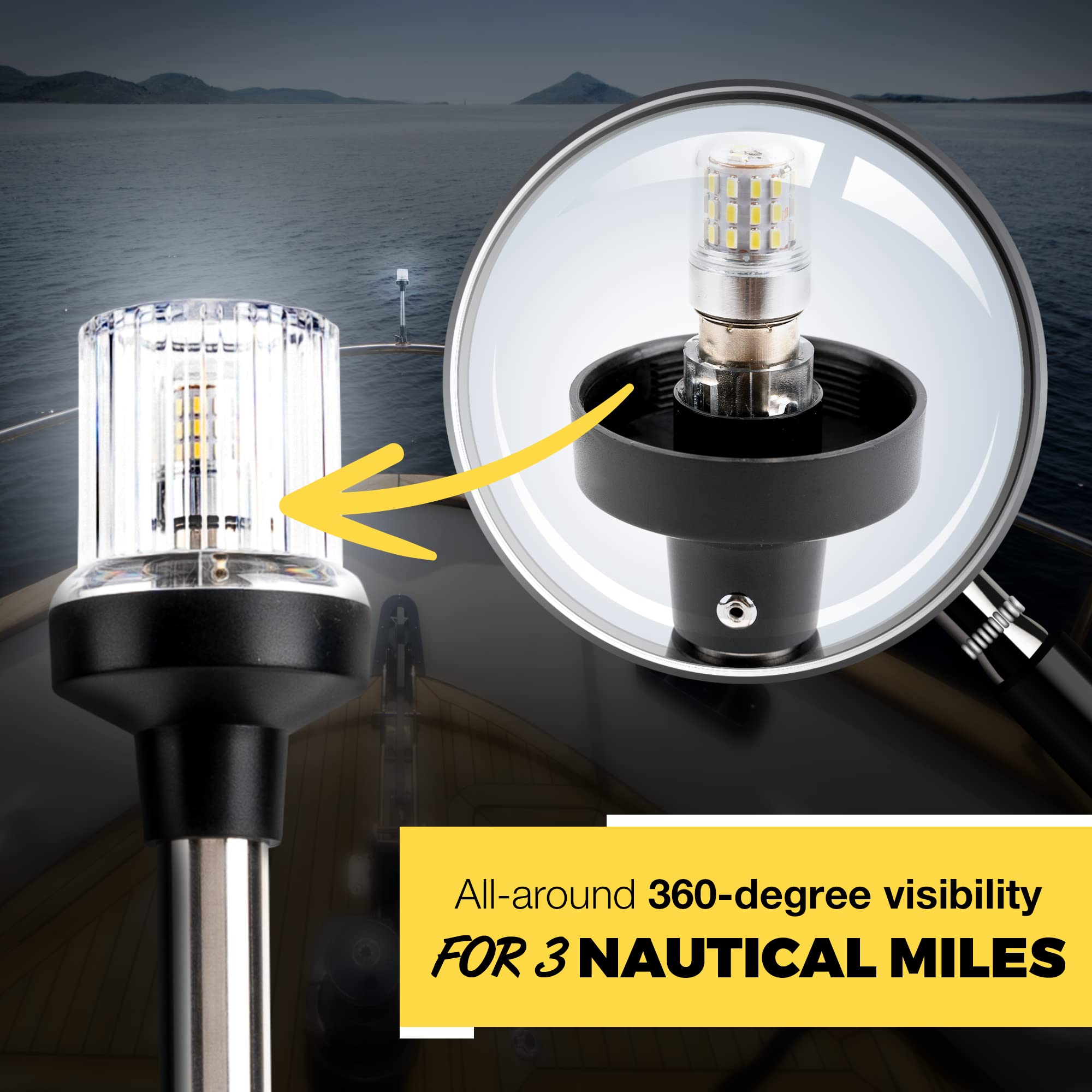 Everbeam P800 Adjustable Stainless Steel Anchor Light - 360° Visibility, 3 Nautical Miles, Weatherproof, Black