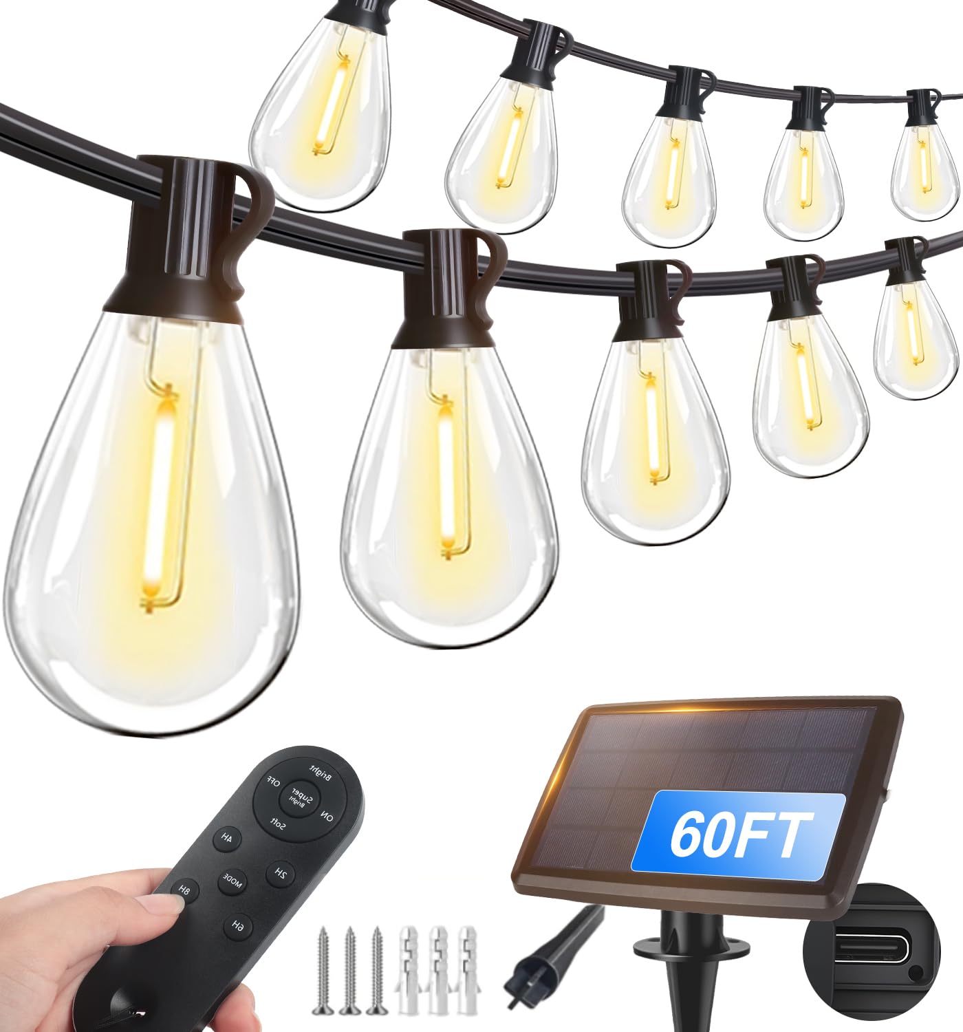 Tenmiro 30FT Solar String Lights Outdoor with Remote and 8+1 LED Shatterproof Bulbs Dimmable & Timing 3 Light Modes Solar Patio 