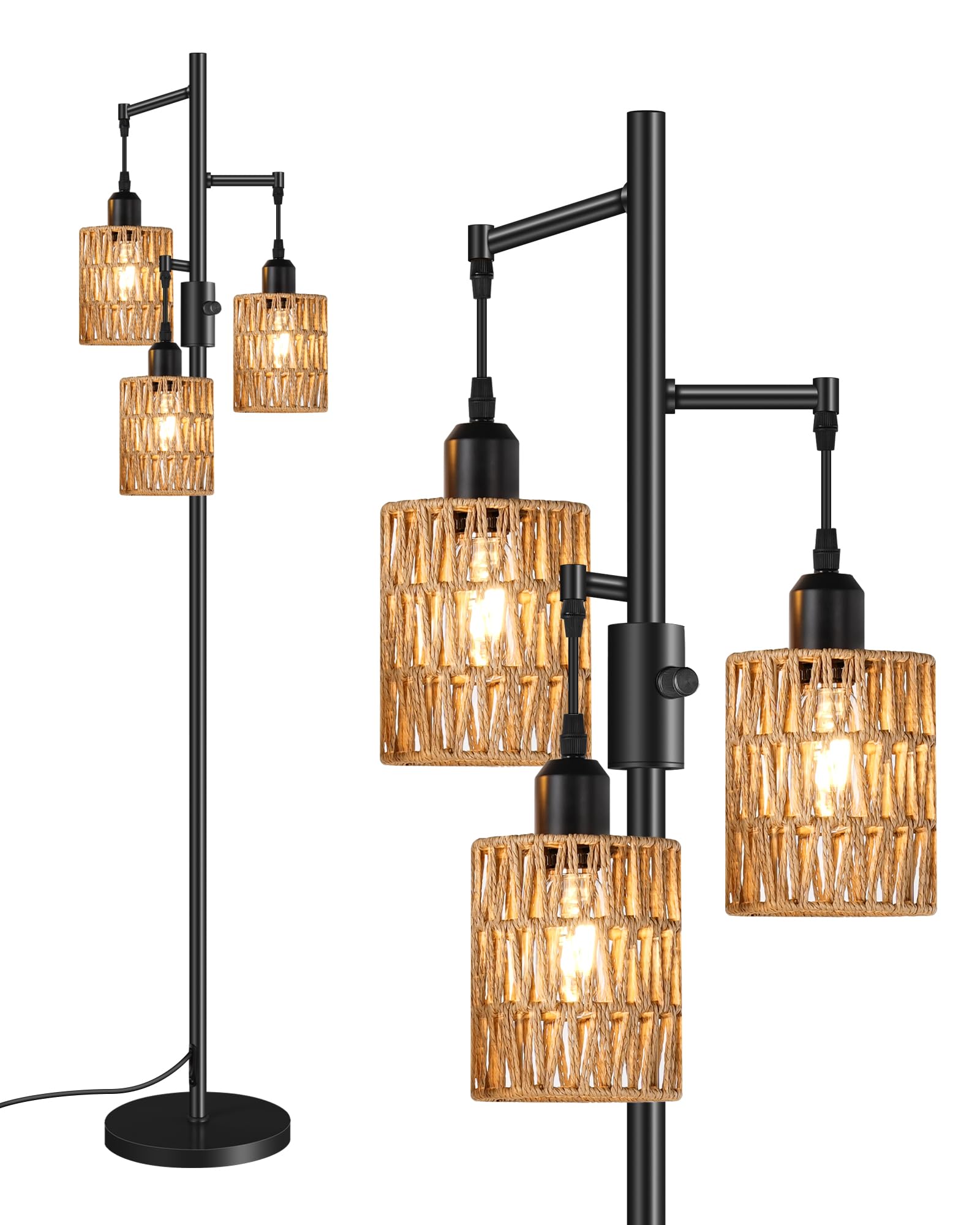 GOEBLESON Dimmable Floor Lamp  Farmhouse Tall Standing 70.3 Tree Lamp with 3 Rope Woven Lampshades  Boho Rattan Floor Lights  4W 3 LED Bulbs Included  for Living Room  Bedroom  Study  Office B03LD05