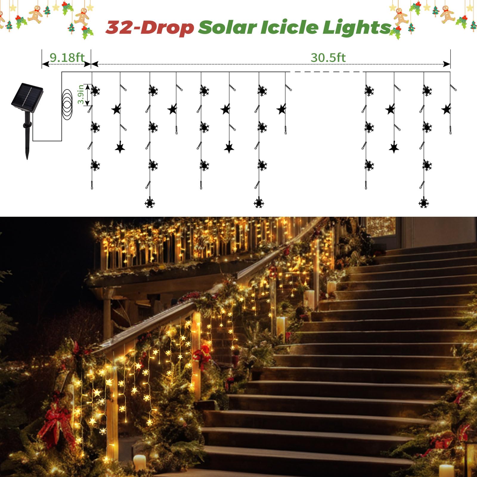 Newhale Solar Icicle Lights, 30.5FT, Warm White, 8 Modes, Waterproof Christmas Decorations for Outdoor Gazebo and Patio
