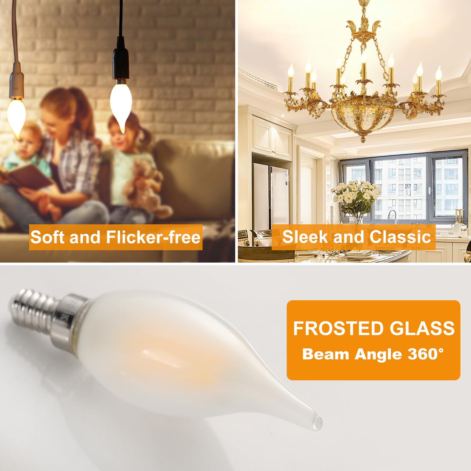 Decoaui E12 C11 LED Candelabra Bulbs, 4W Dimmable Frosted Glass, 2700K Soft White, 450 Lumens, 6-Pack