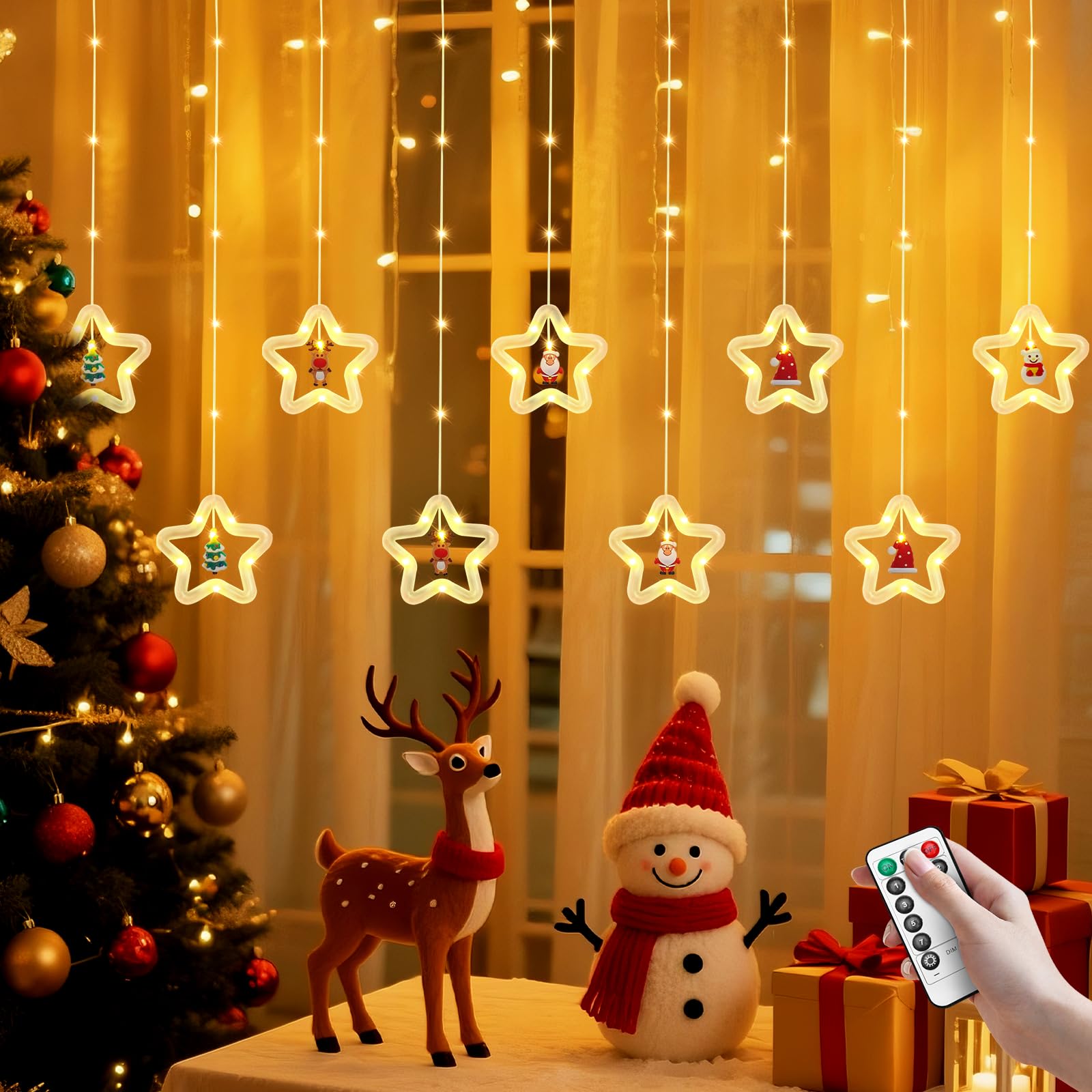 BomKra Christmas Star Curtain Lights, Christmas Window Lights Decor with Remote,8 Lighting Modes, IP65 Waterproof, 10 Hooks Chri