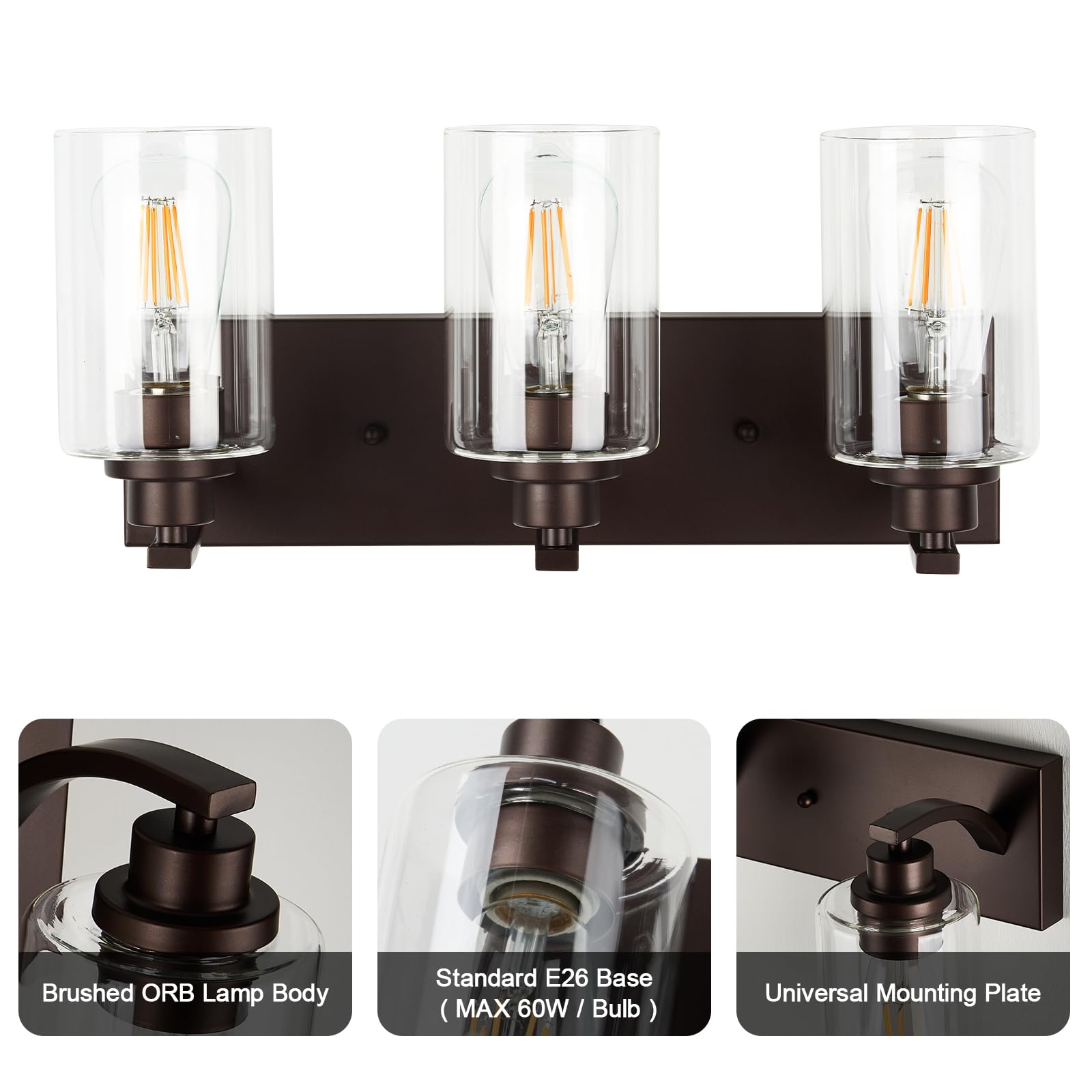 Alaislyc 3-Light Bathroom Vanity Light Fixture, Modern Bronze Over Mirror With Clear Glass Shade