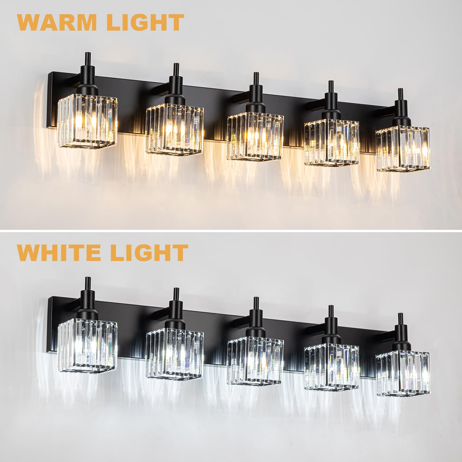 Huoku Black Crystal Bathroom Vanity Light 5-Light Modern Bathroom Lighting Fixtures Over Mirror Wall Light Fixtures